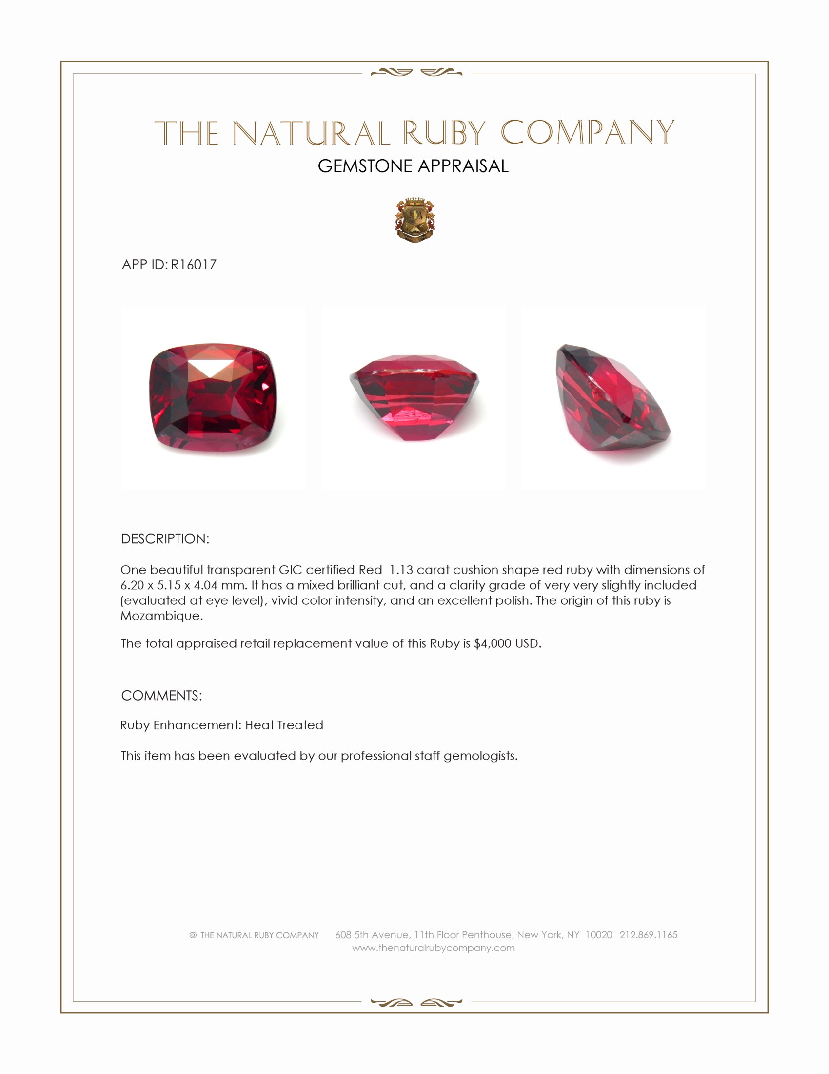 1.13 Ct. Ruby from Mozambique