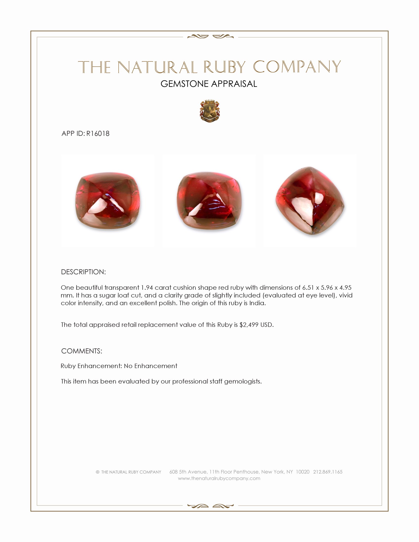 1.94 Ct. Cabochon Ruby from India