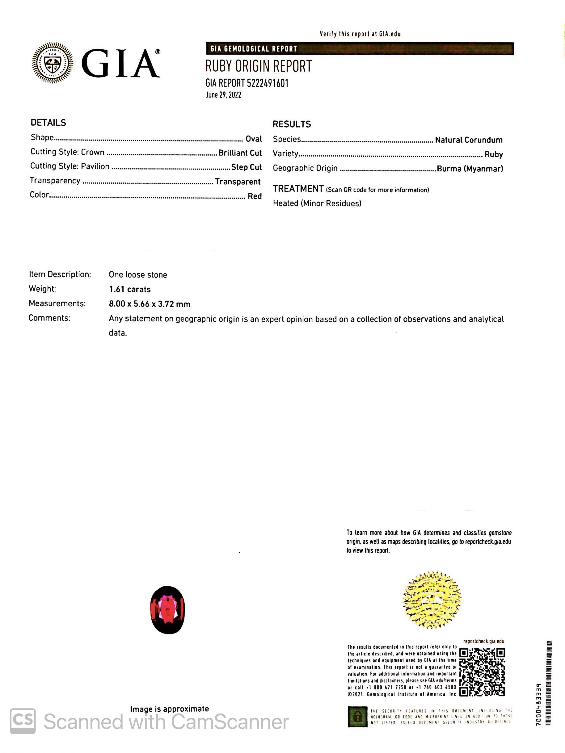 1.61 Ct. Ruby from Burma (Myanmar)