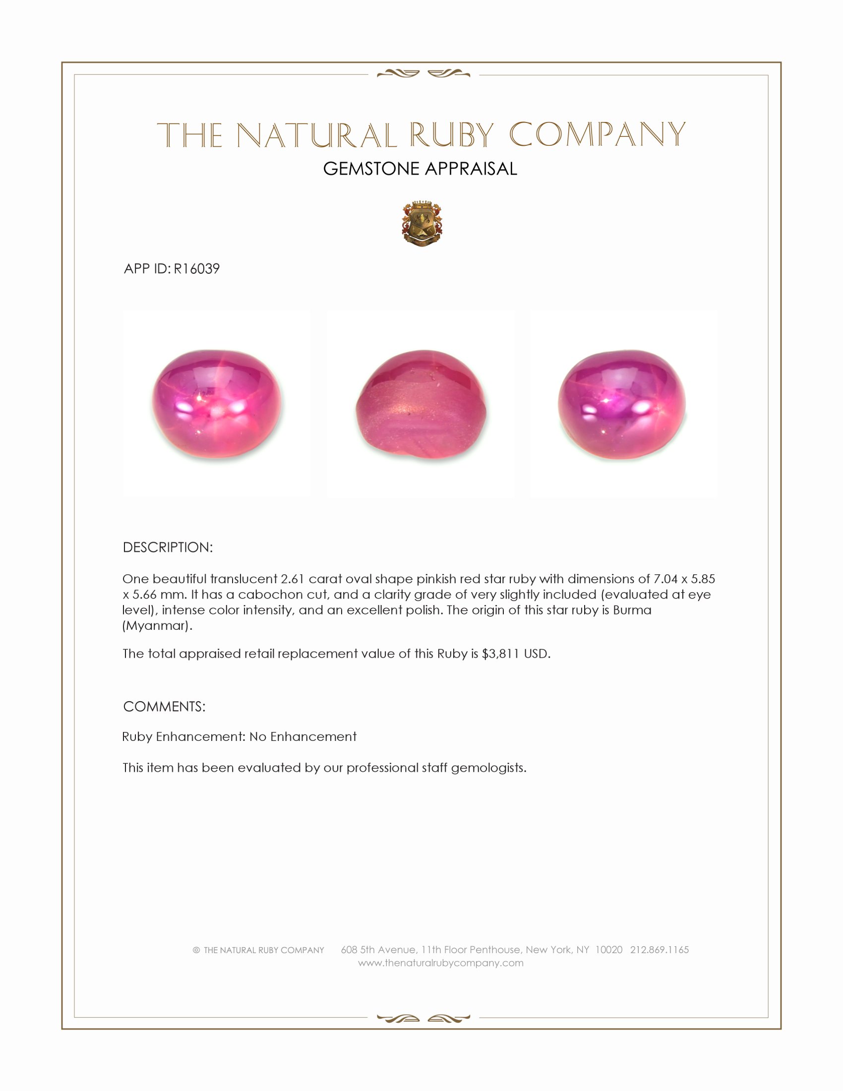 2.61 Ct. Pinkish Red Star Ruby from Burma (Myanmar)
