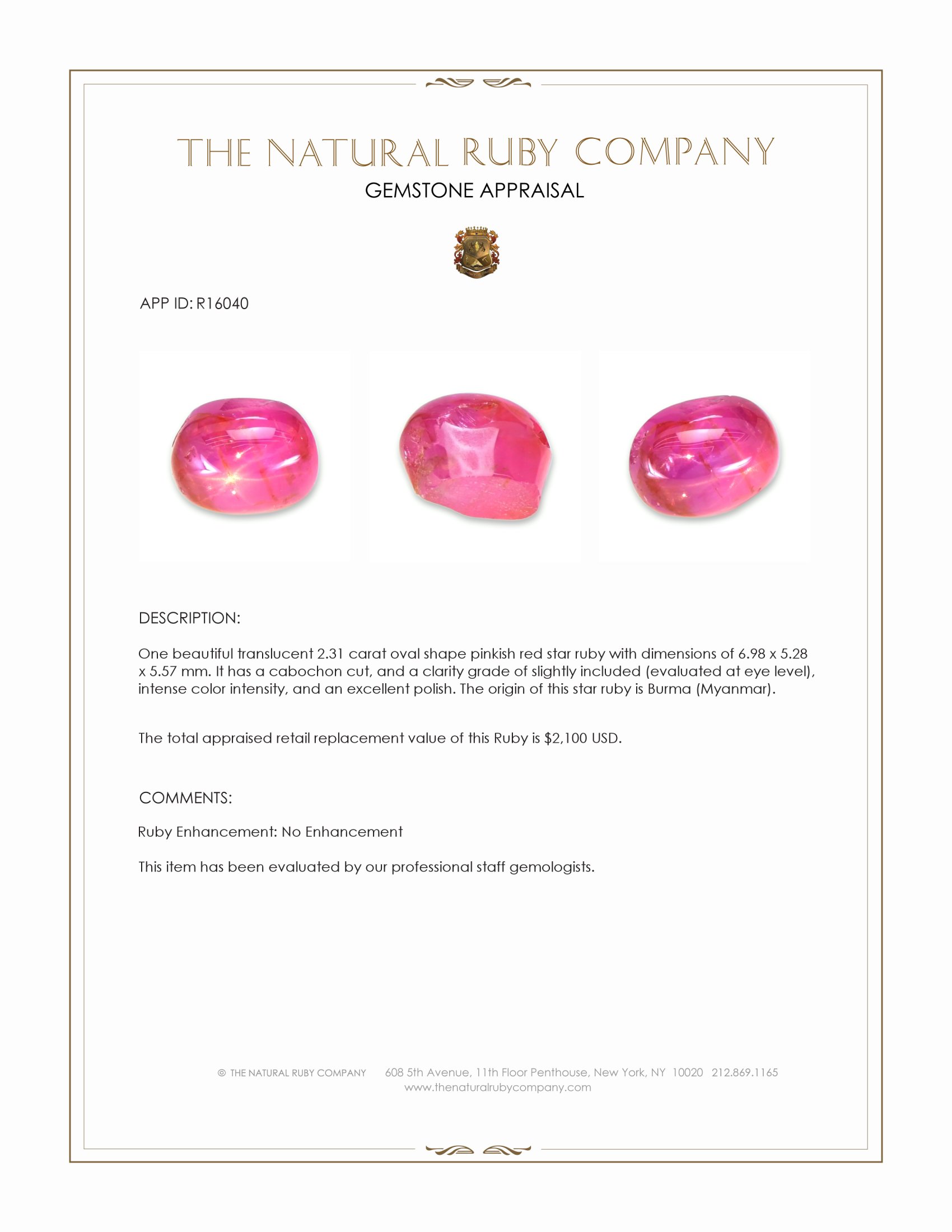 2.31 Ct. Star Ruby from Burma (Myanmar)