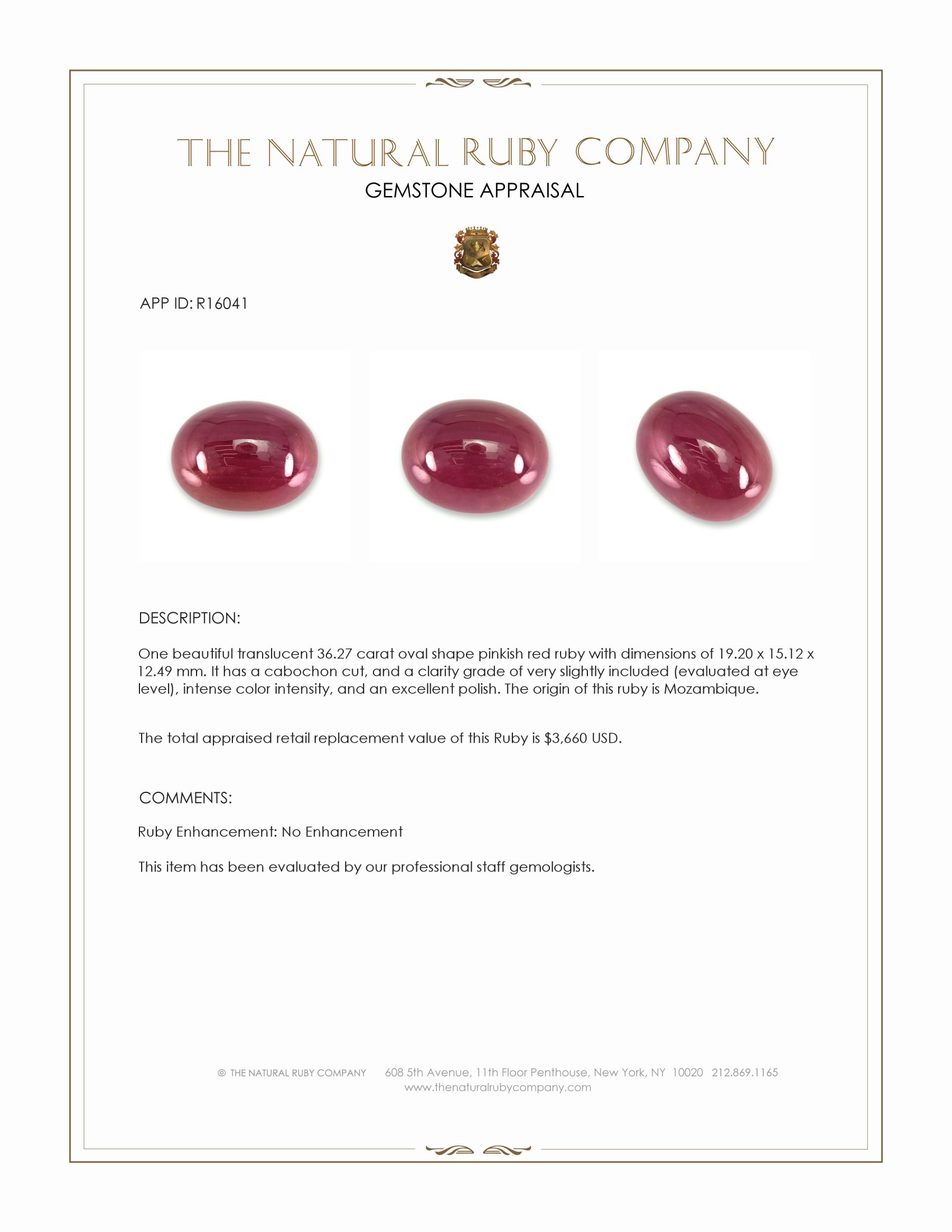 36.27 Ct. Purplish Red Cabochon Ruby from Mozambique