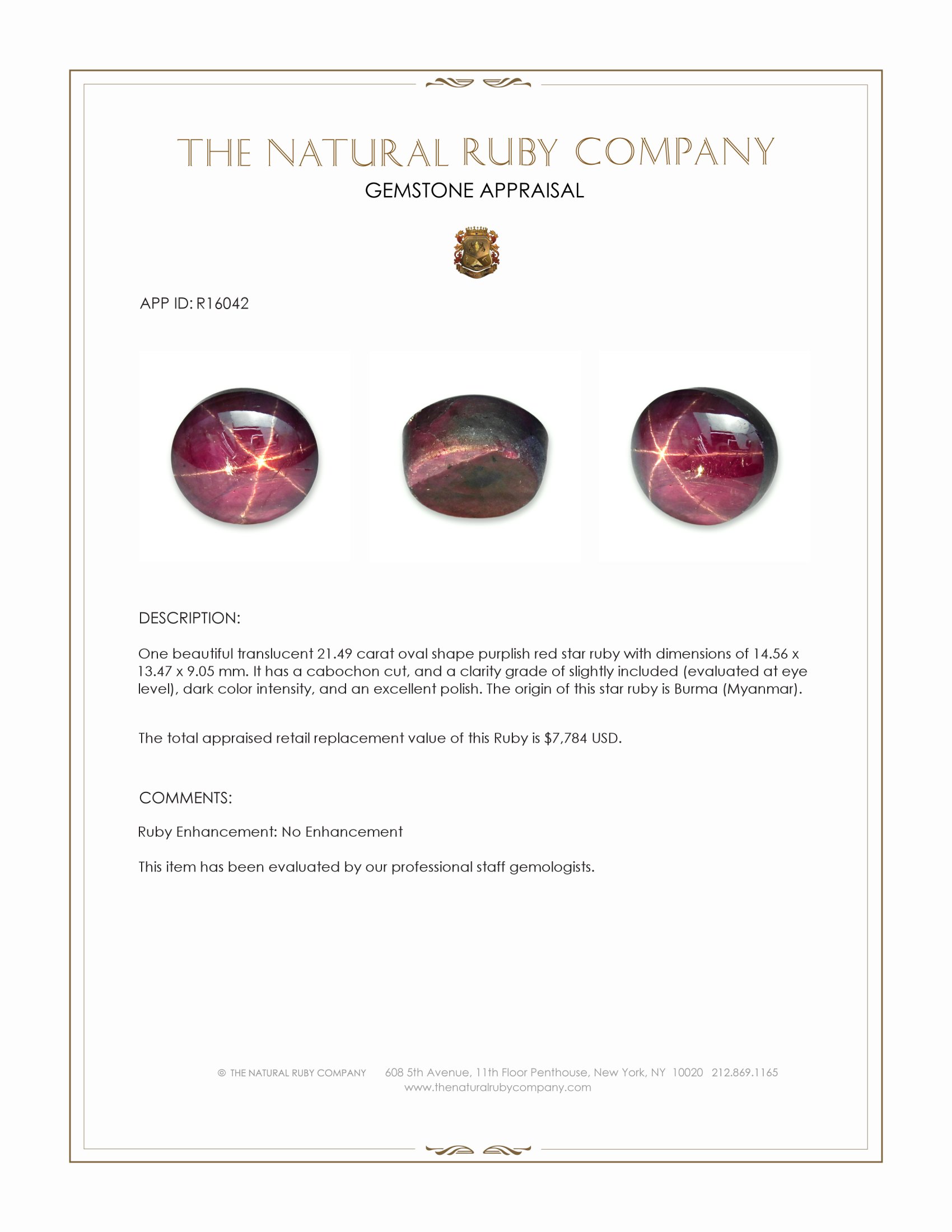 21.49 Ct. Purplish Red Star Ruby from Burma (Myanmar)