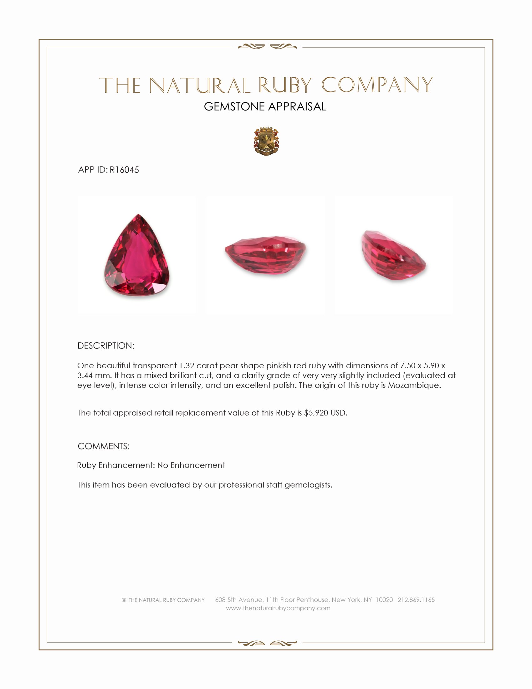 1.32 Ct. Pinkish Red Ruby from Mozambique