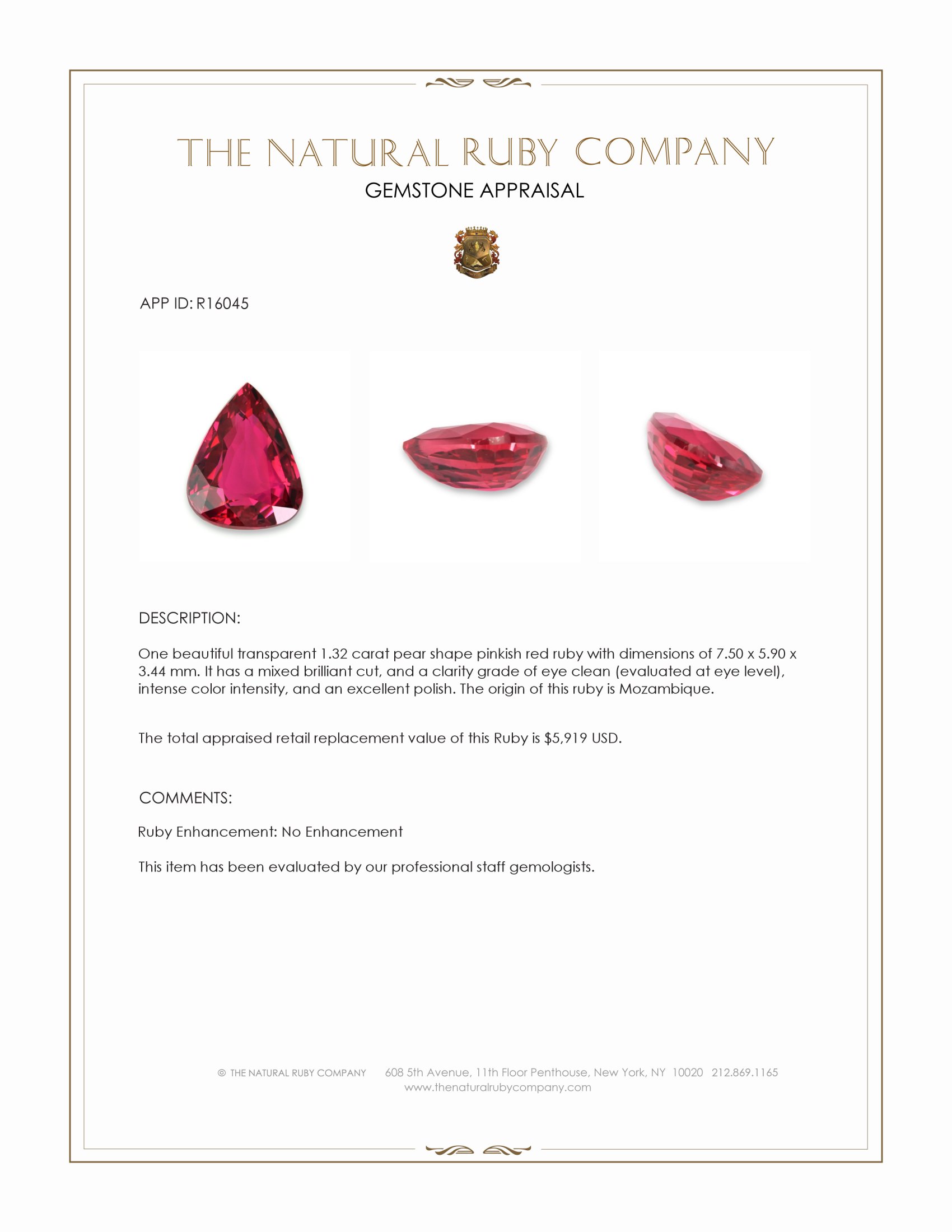 1.32 Ct. Pinkish Red Ruby from Mozambique