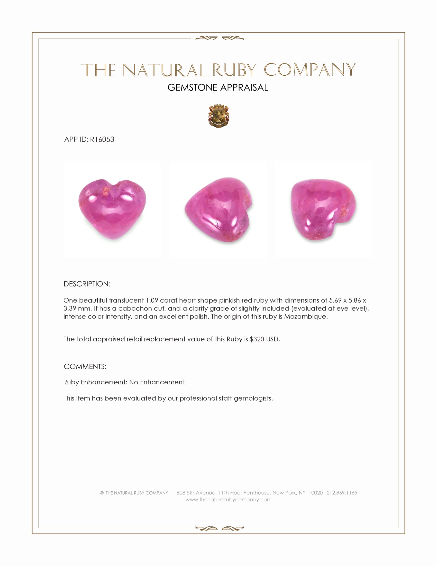 1.09 Ct. Pinkish Red Cabochon Ruby from Mozambique