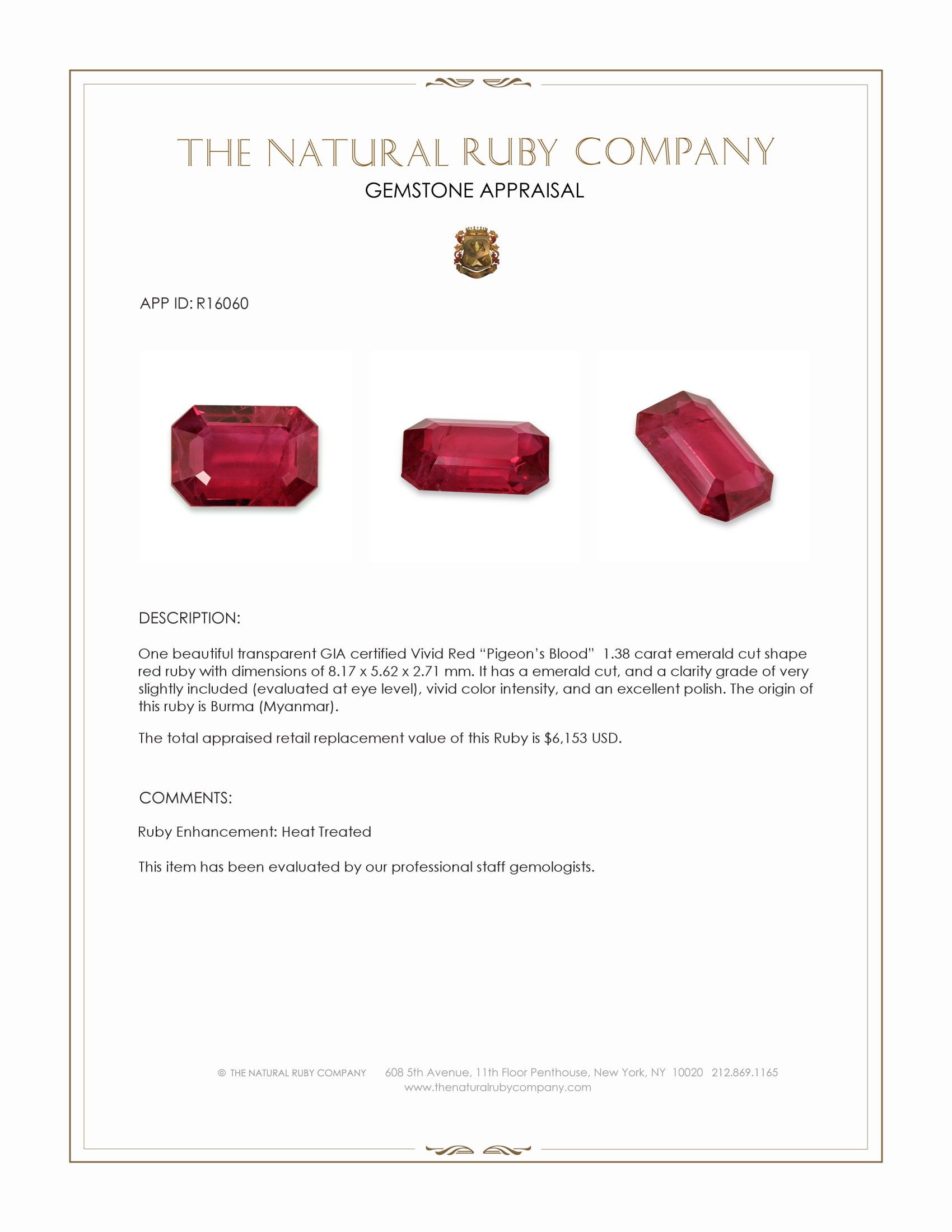 1.38 Ct. Ruby from Burma (Myanmar)