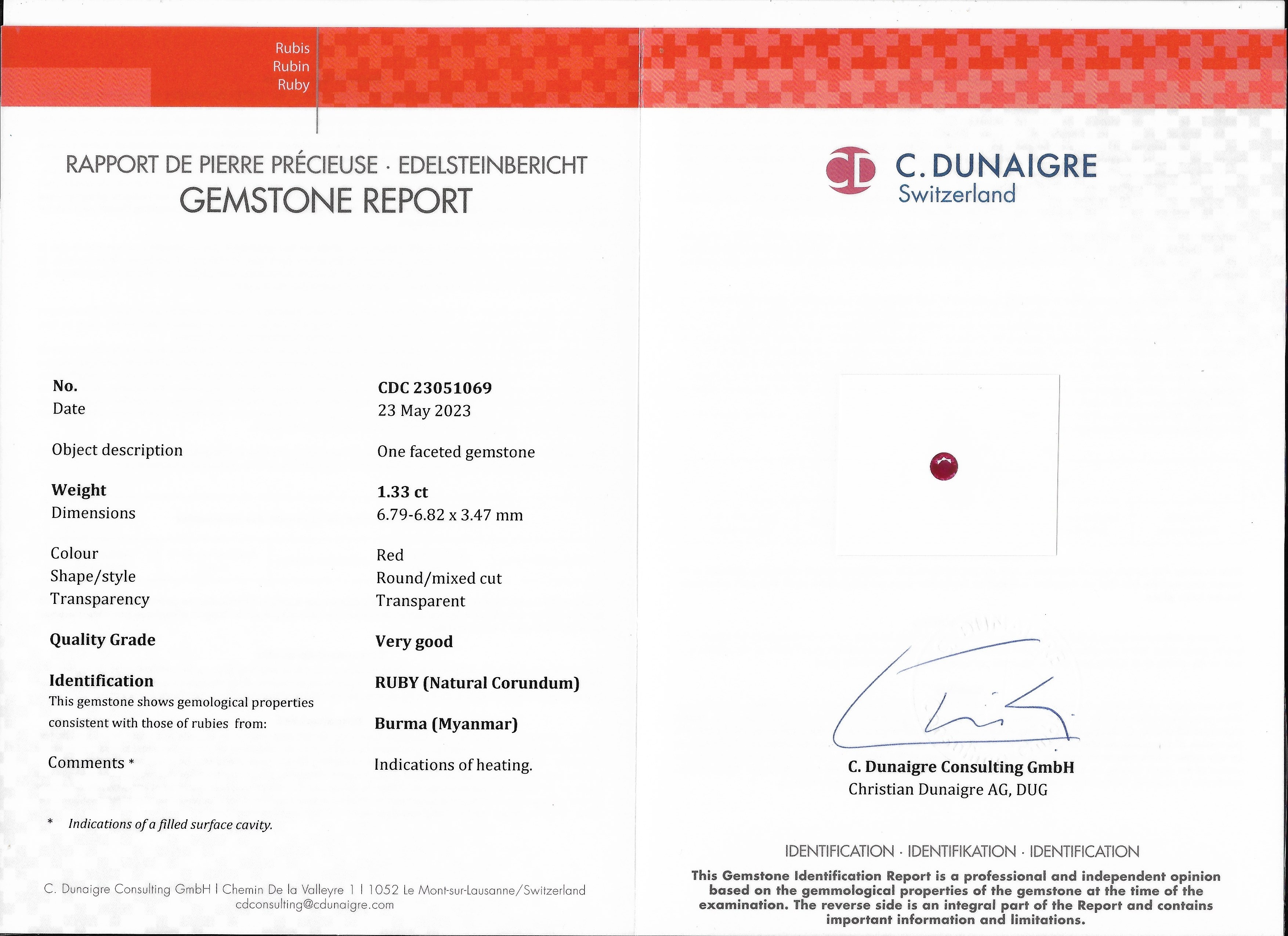 1.33 Ct. Ruby from Burma (Myanmar)