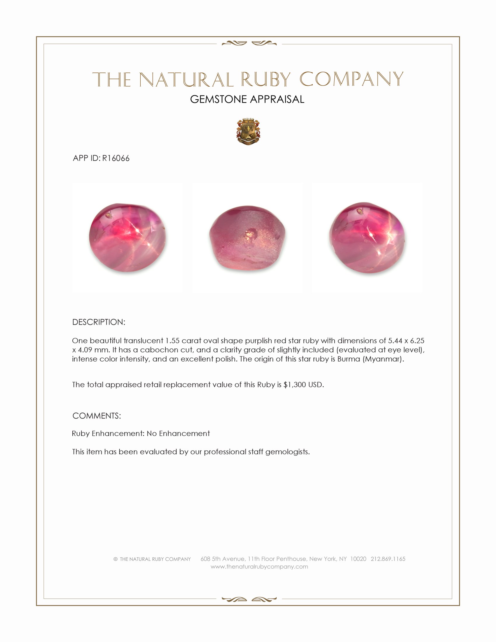 1.55 Ct. Purplish Red Star Ruby from Burma (Myanmar)