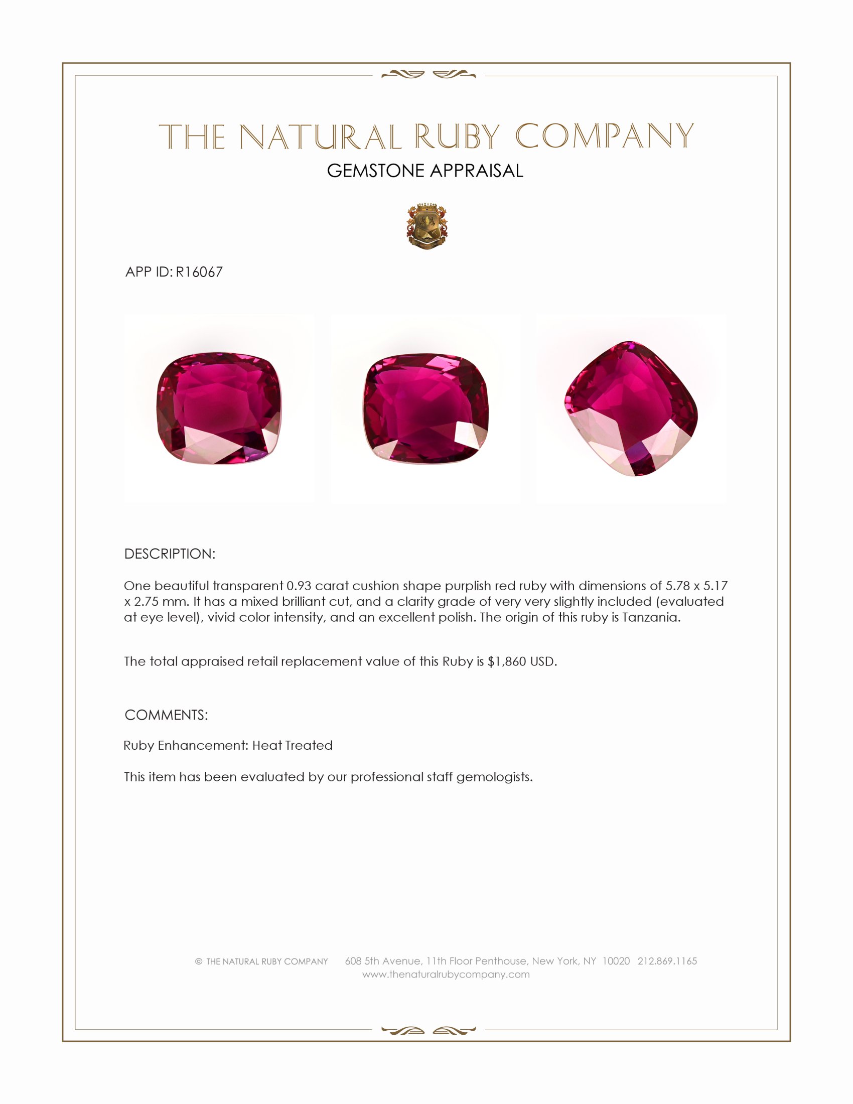 0.93 Ct. Purplish Red Ruby from Tanzania