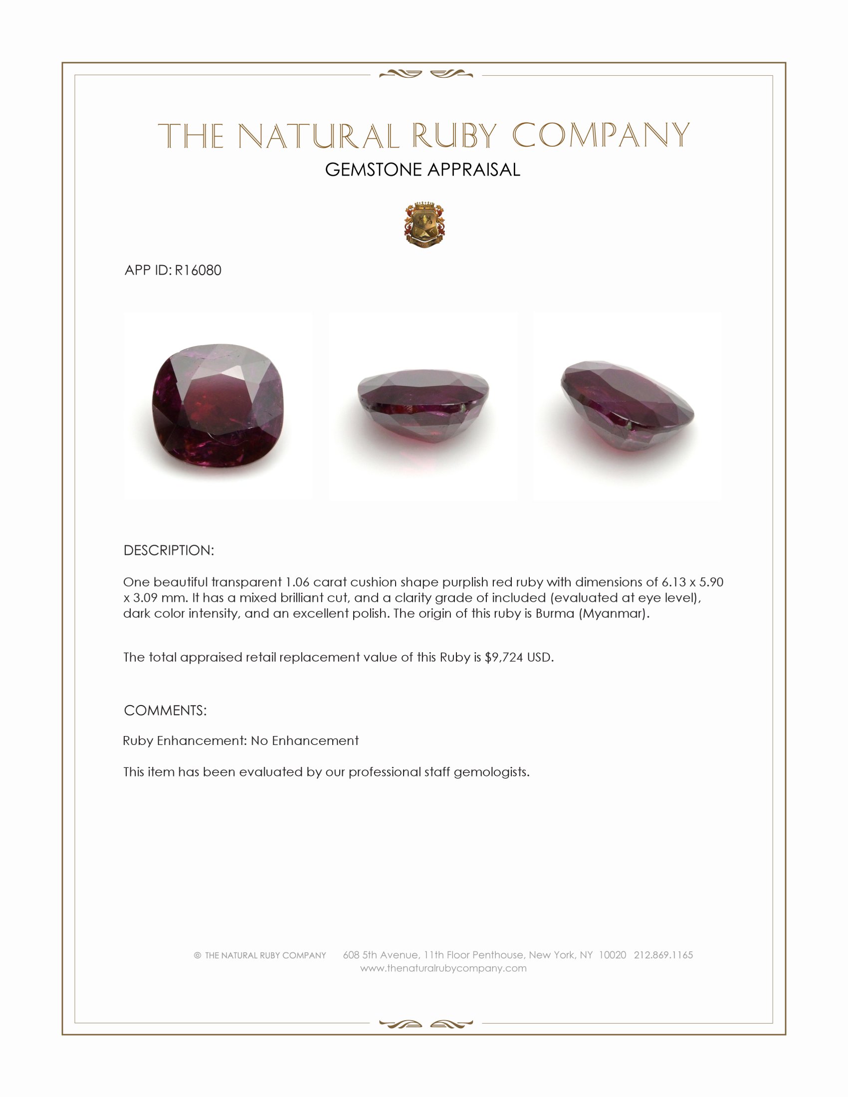 1.06 Ct. Purplish Red Ruby from Burma (Myanmar)