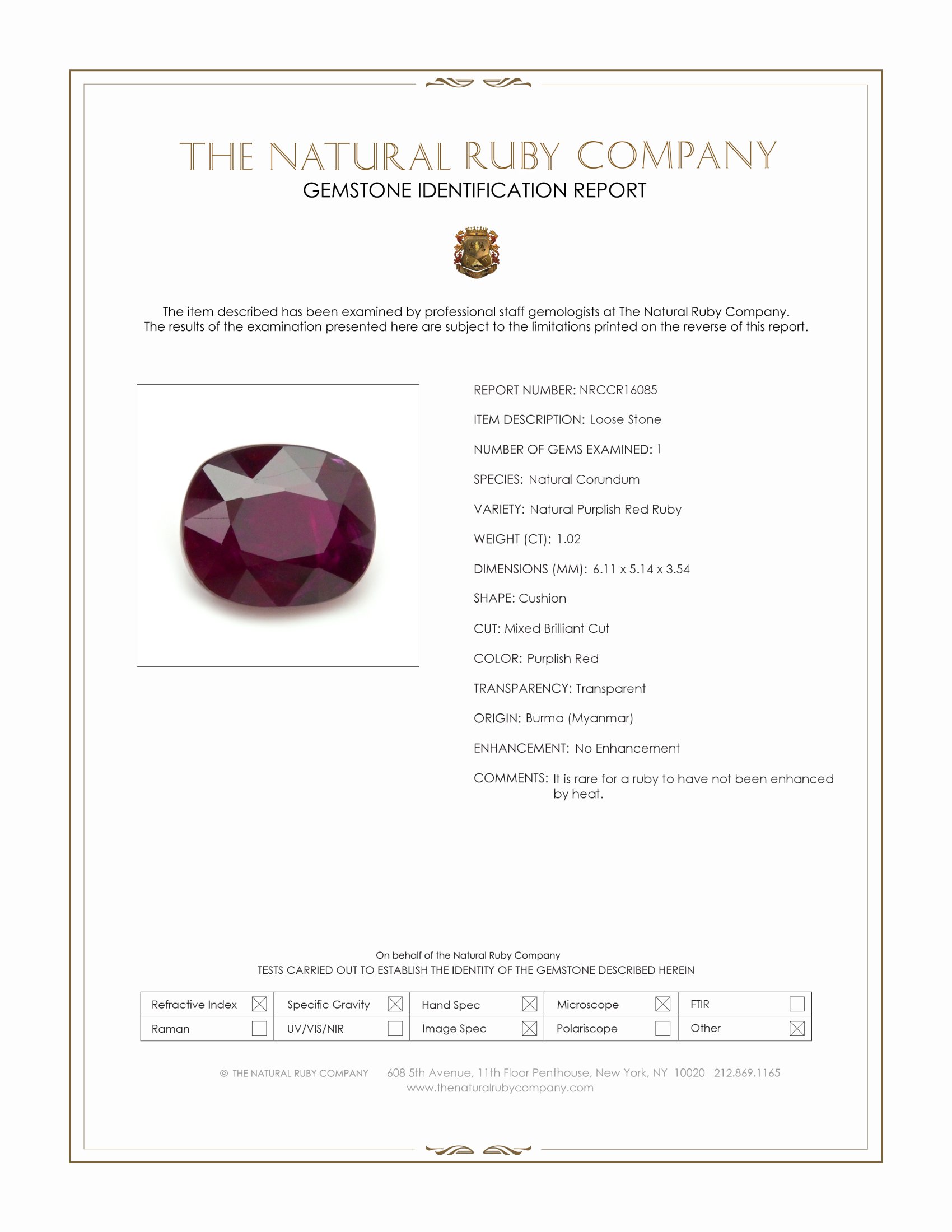 1.02 Ct. Purplish Red Ruby from Burma (Myanmar)