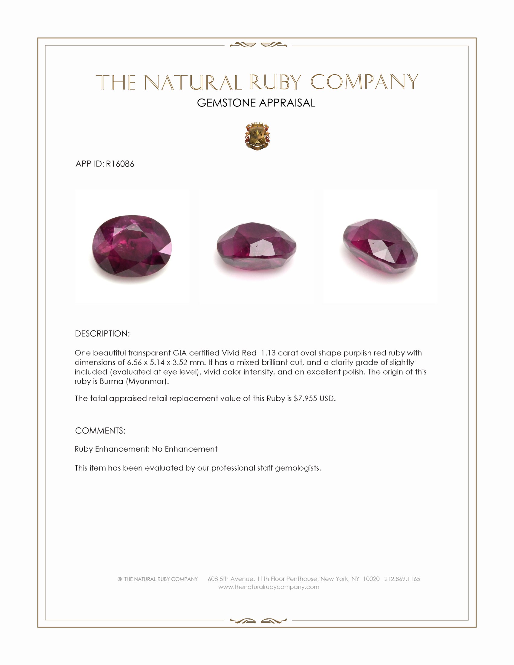 1.13 Ct. Purplish Red Ruby from Burma (Myanmar)