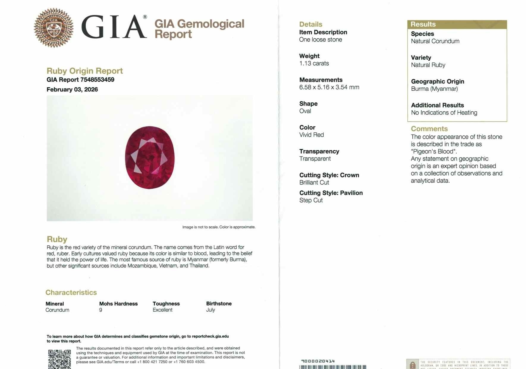 1.13 Ct. Purplish Red Ruby from Burma (Myanmar)