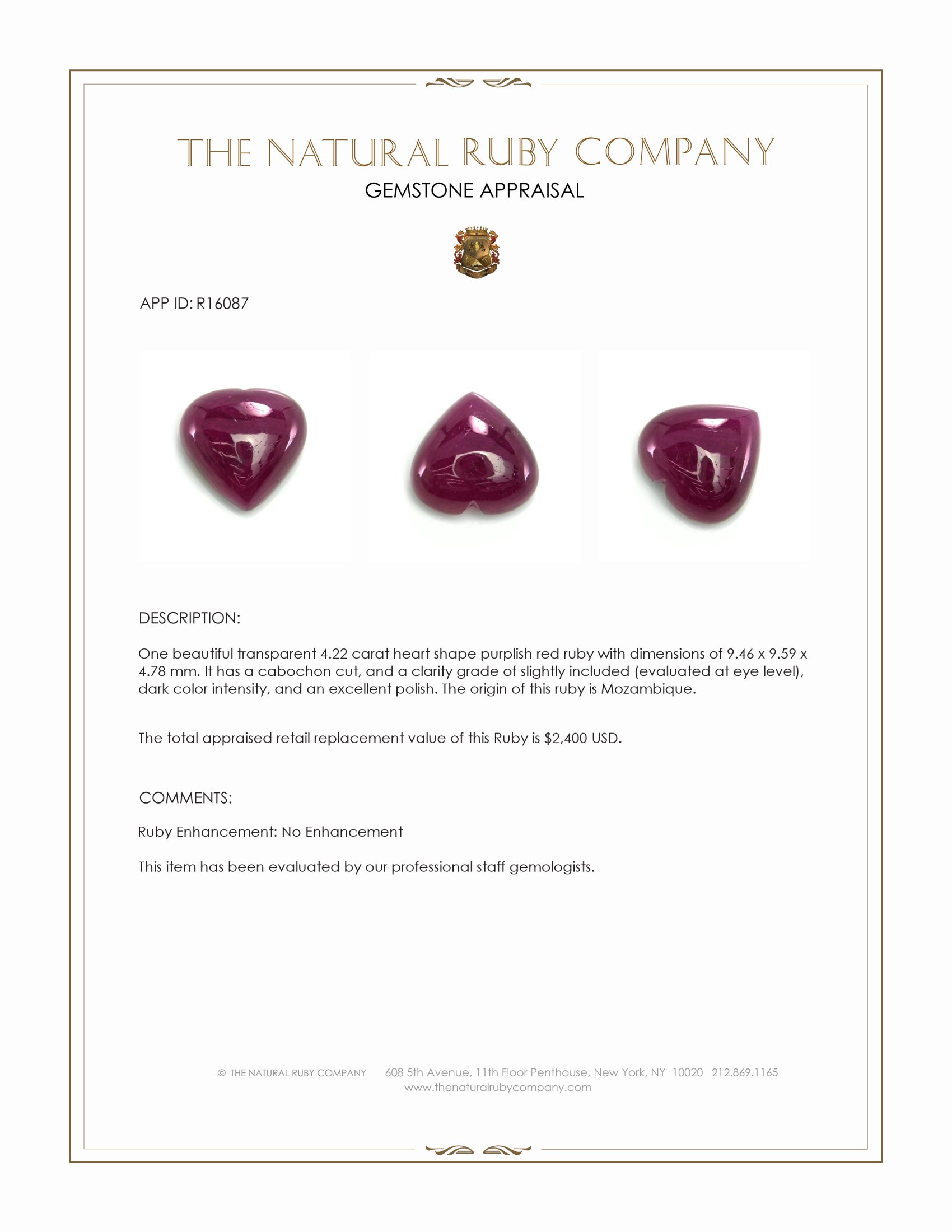 4.22 Ct. Purplish Red Cabochon Ruby from Mozambique