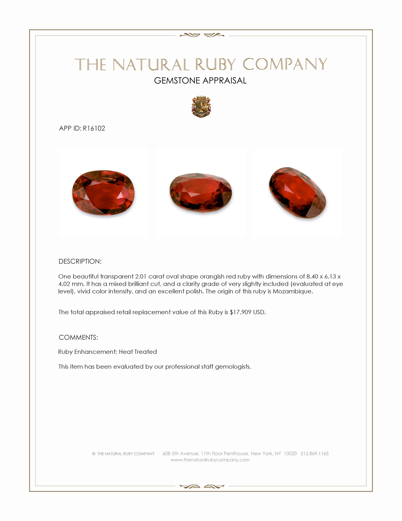 2.01 Ct. Orangish Red Ruby from Mozambique