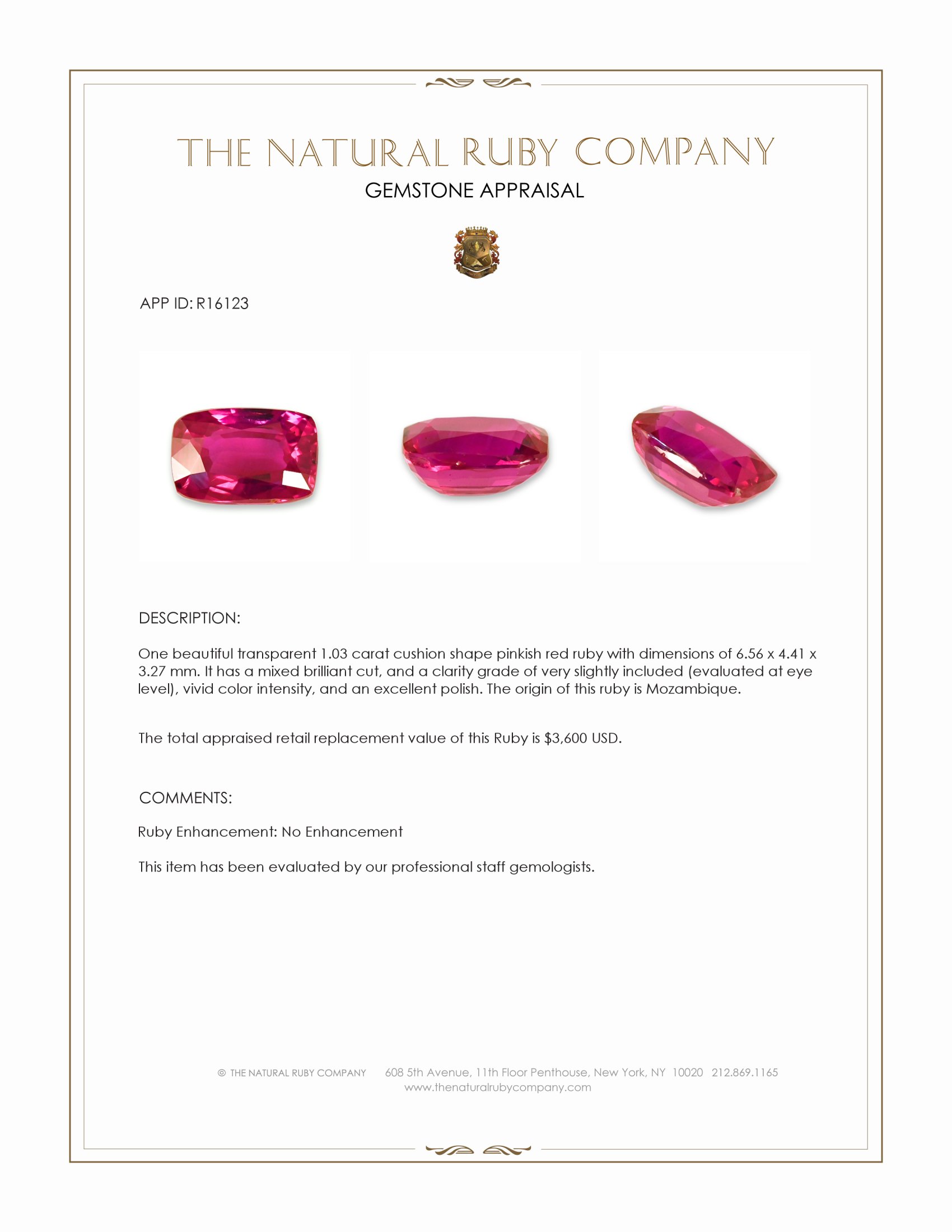 1.03 Ct. Pinkish Red Ruby from Mozambique