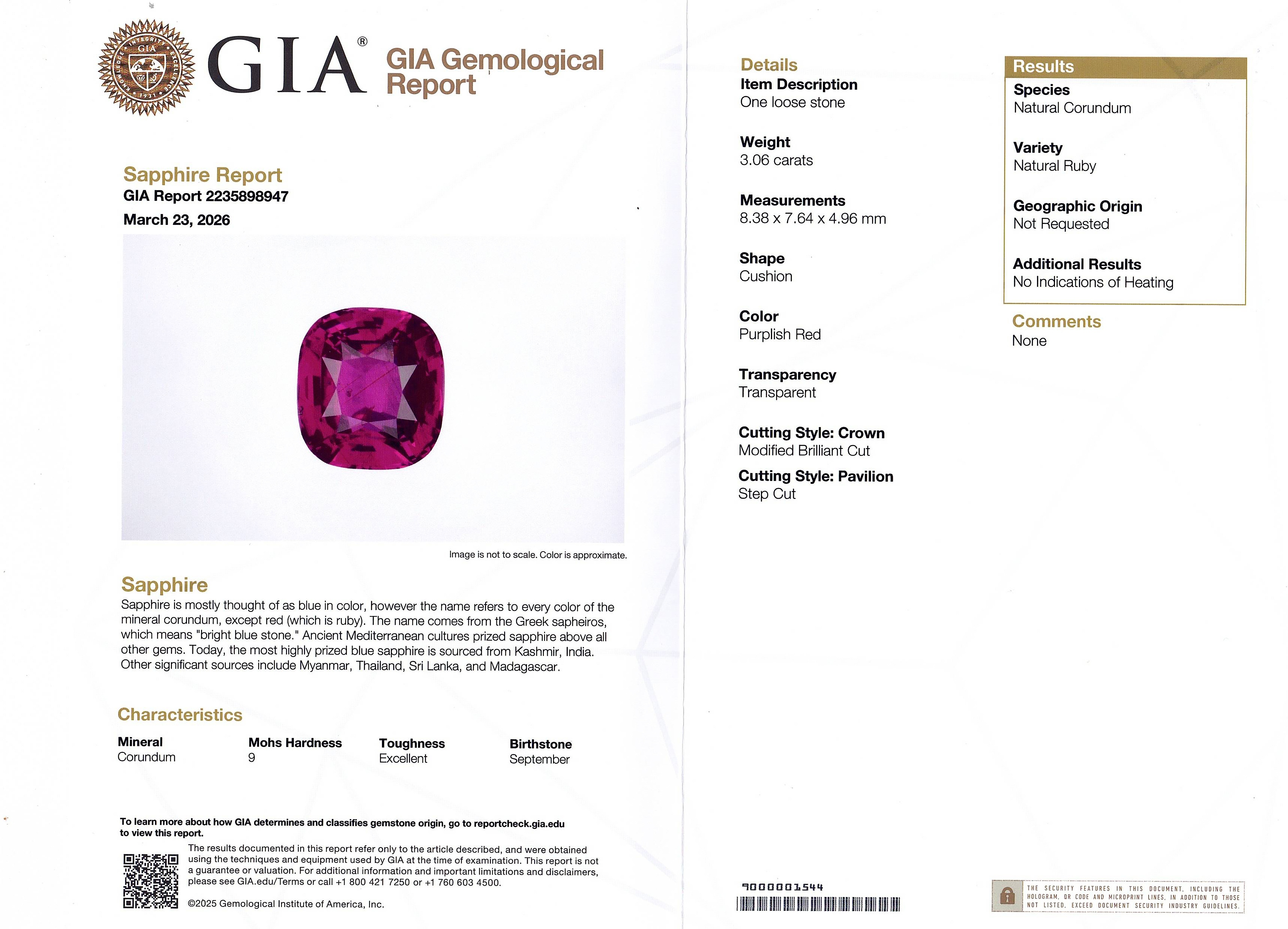 3.07 Ct. Purplish Red Ruby from Mozambique