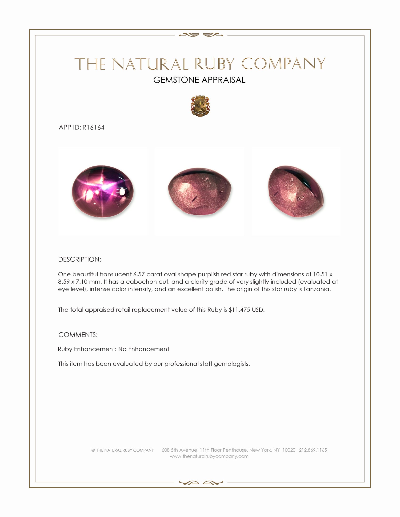 6.57 Ct. Purplish Red Star Ruby from Tanzania