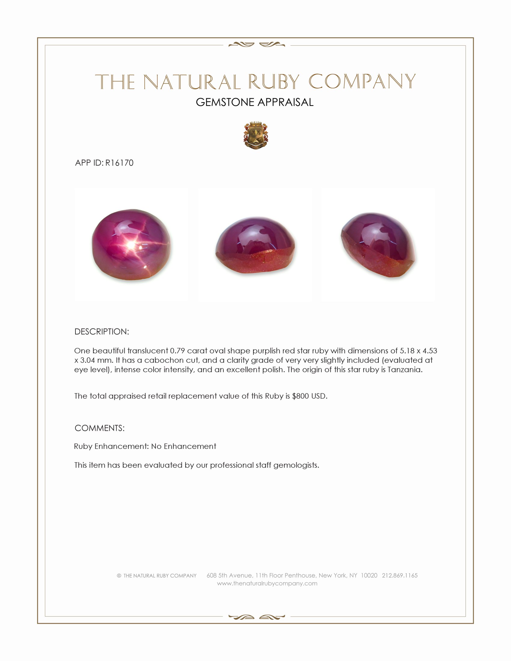 0.79 Ct. Purplish Red Star Ruby from Tanzania