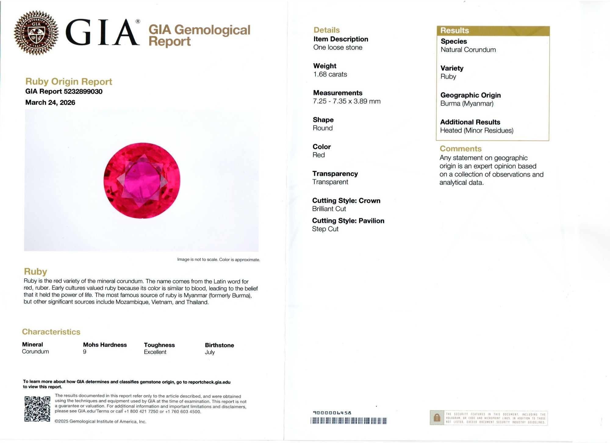 1.68 Ct. Ruby from Burma (Myanmar)