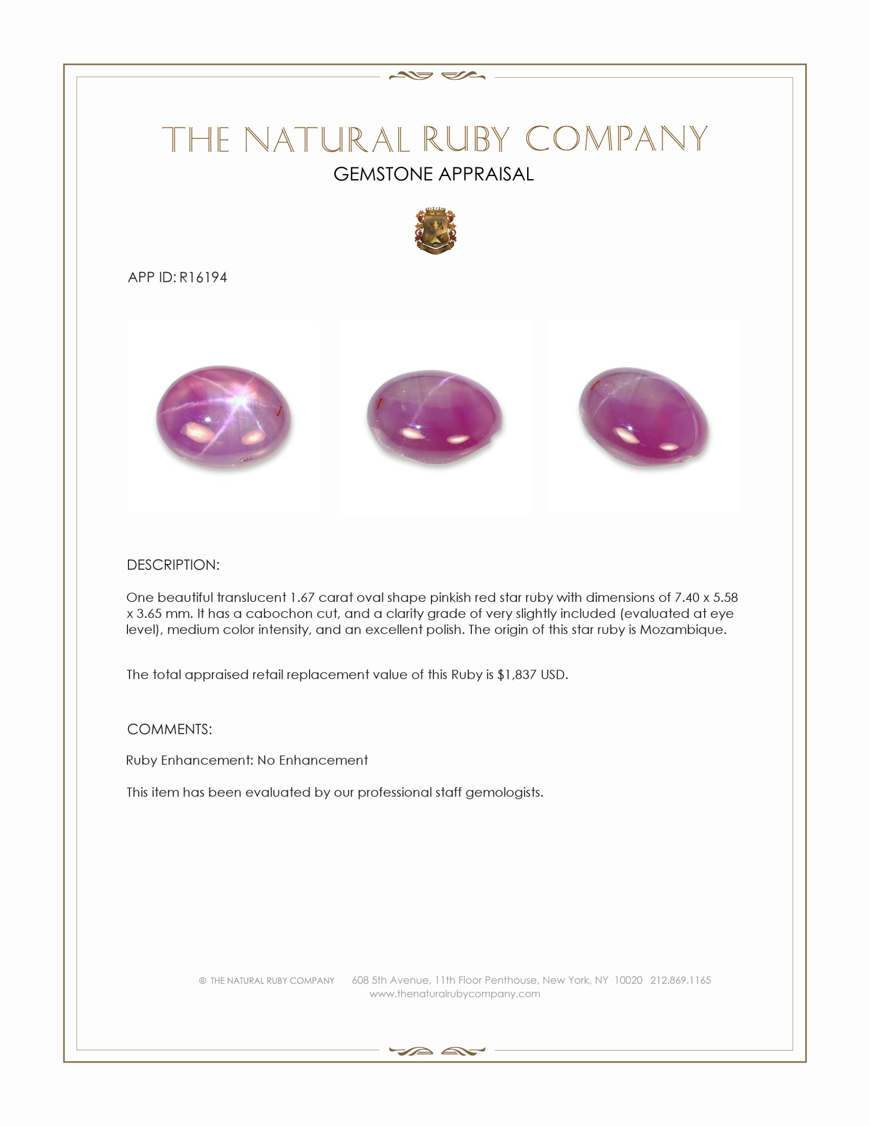 1.67 Ct. Pinkish Red Star Ruby from Mozambique