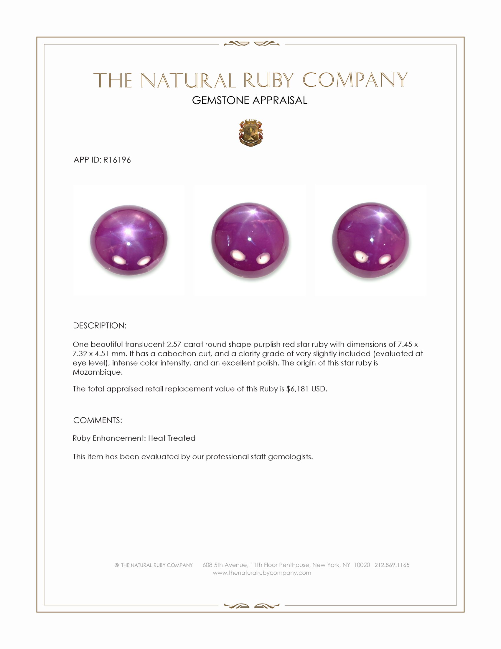 2.57 Ct. Purplish Red Star Ruby from Mozambique