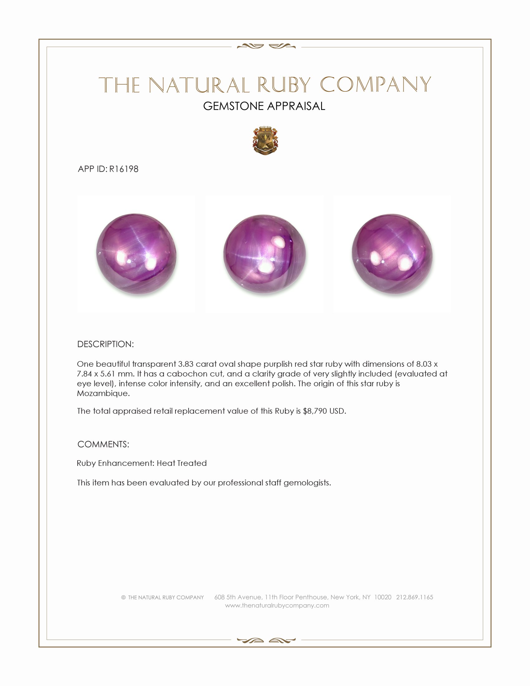 3.83 Ct. Purplish Red Star Ruby from Mozambique