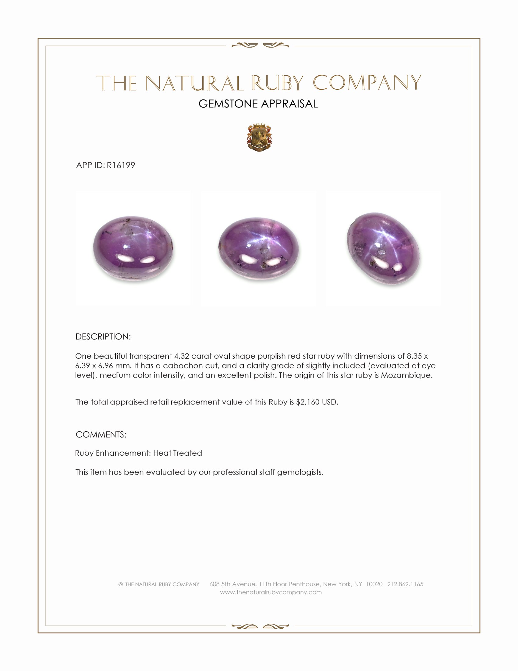 4.32 Ct. Purplish Red Star Ruby from Mozambique