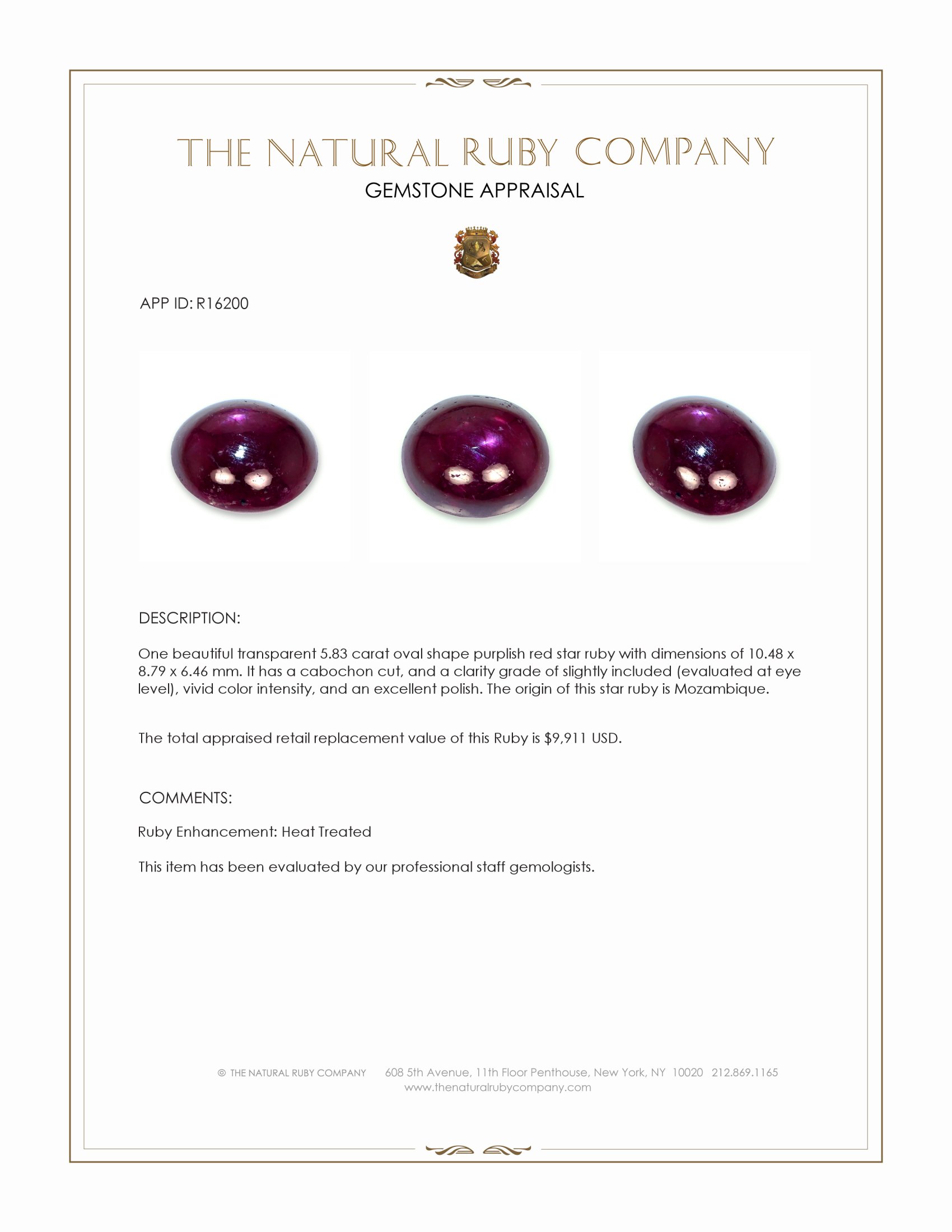 5.83 Ct. Purplish Red Star Ruby from Mozambique
