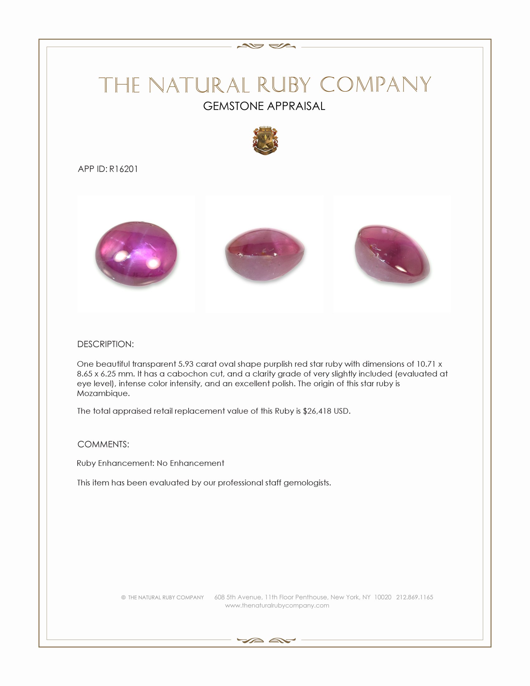 5.93 Ct. Purplish Red Star Ruby from Mozambique