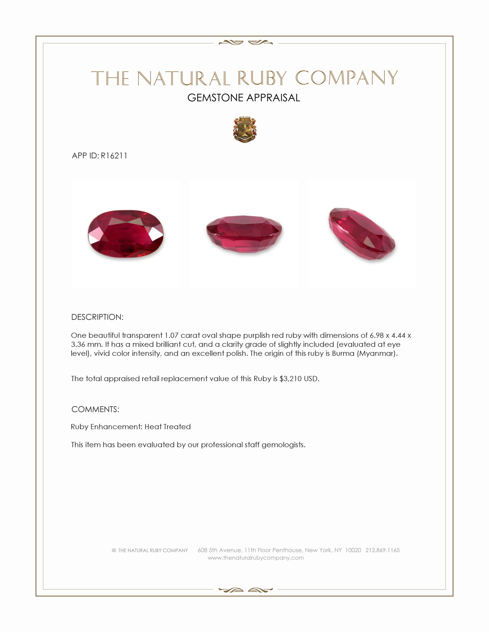 1.07 Ct. Purplish Red Ruby from Burma (Myanmar)