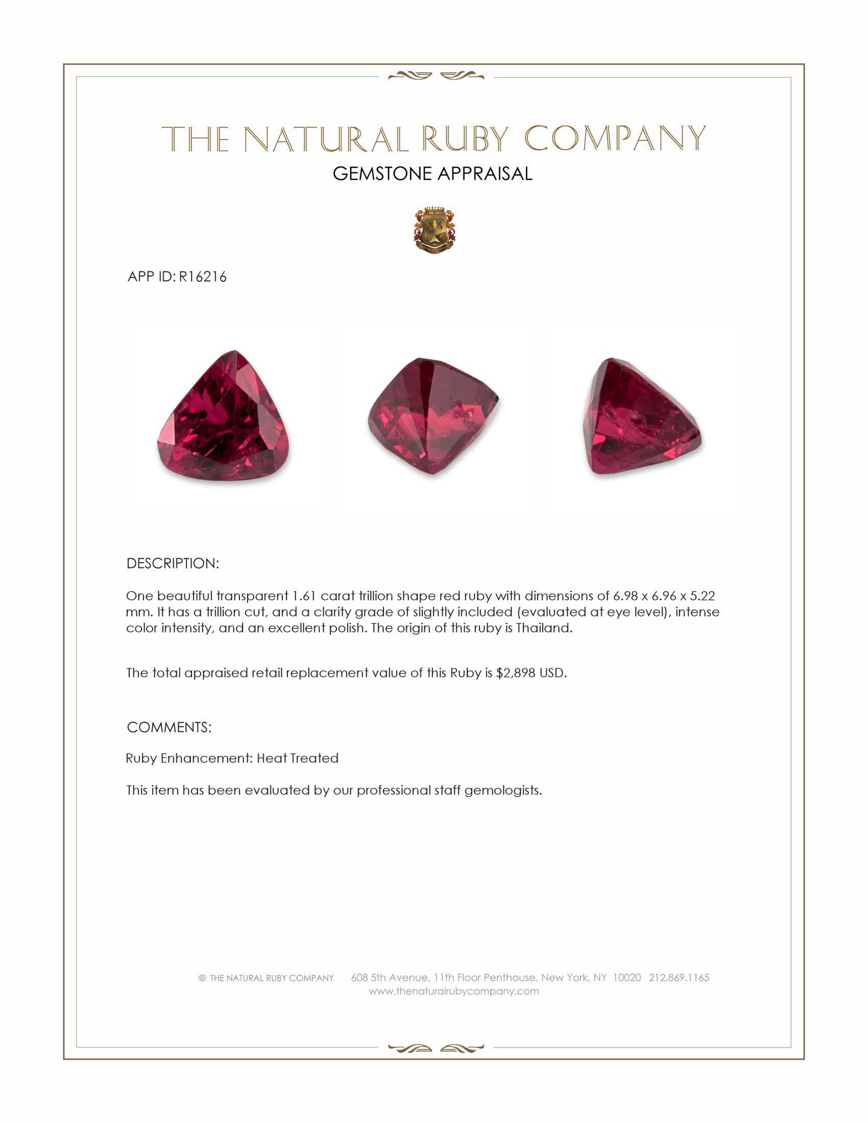 1.61 Ct. Ruby from Thailand