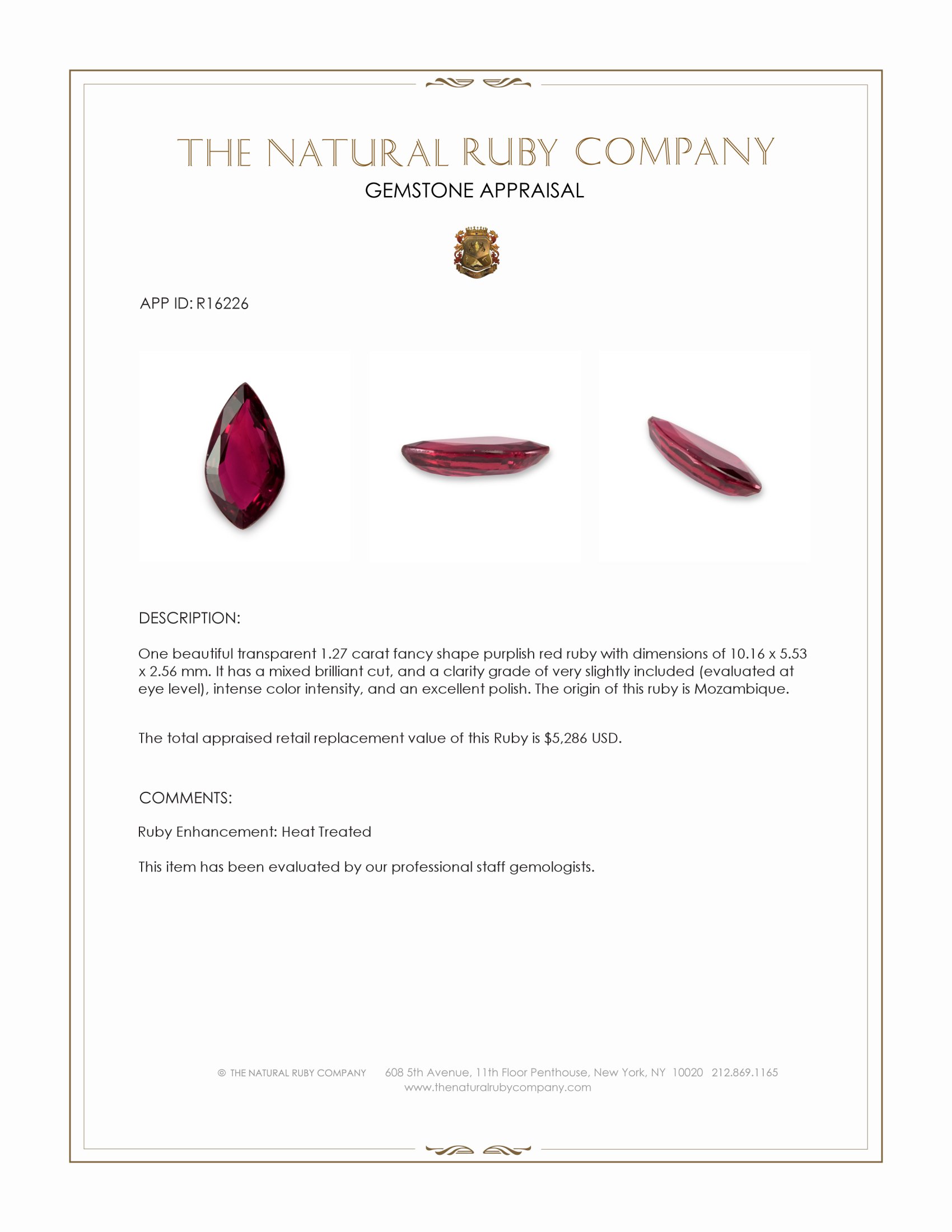 1.27 Ct. Purplish Red Ruby from Mozambique