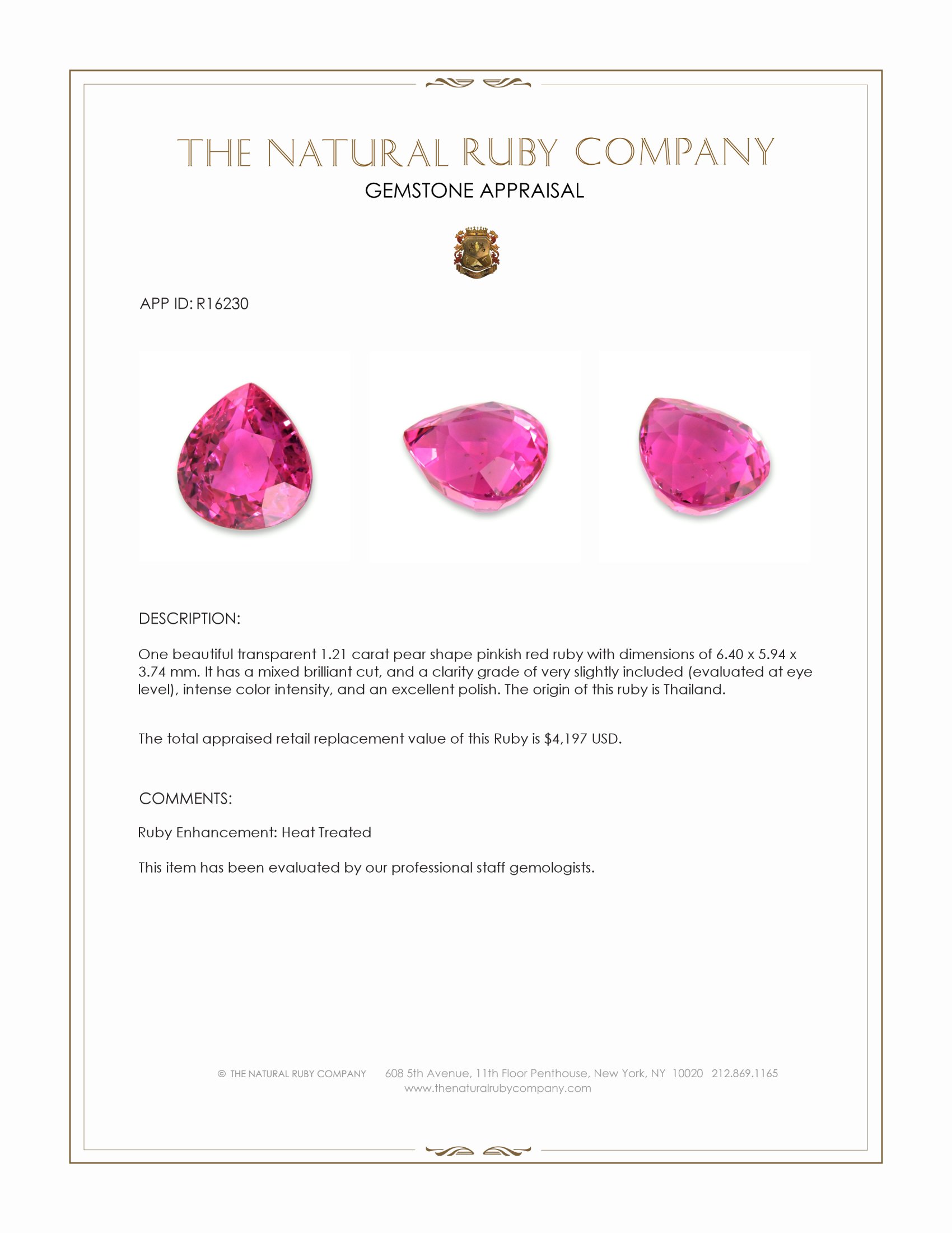 1.21 Ct. Pinkish Red Ruby from Thailand