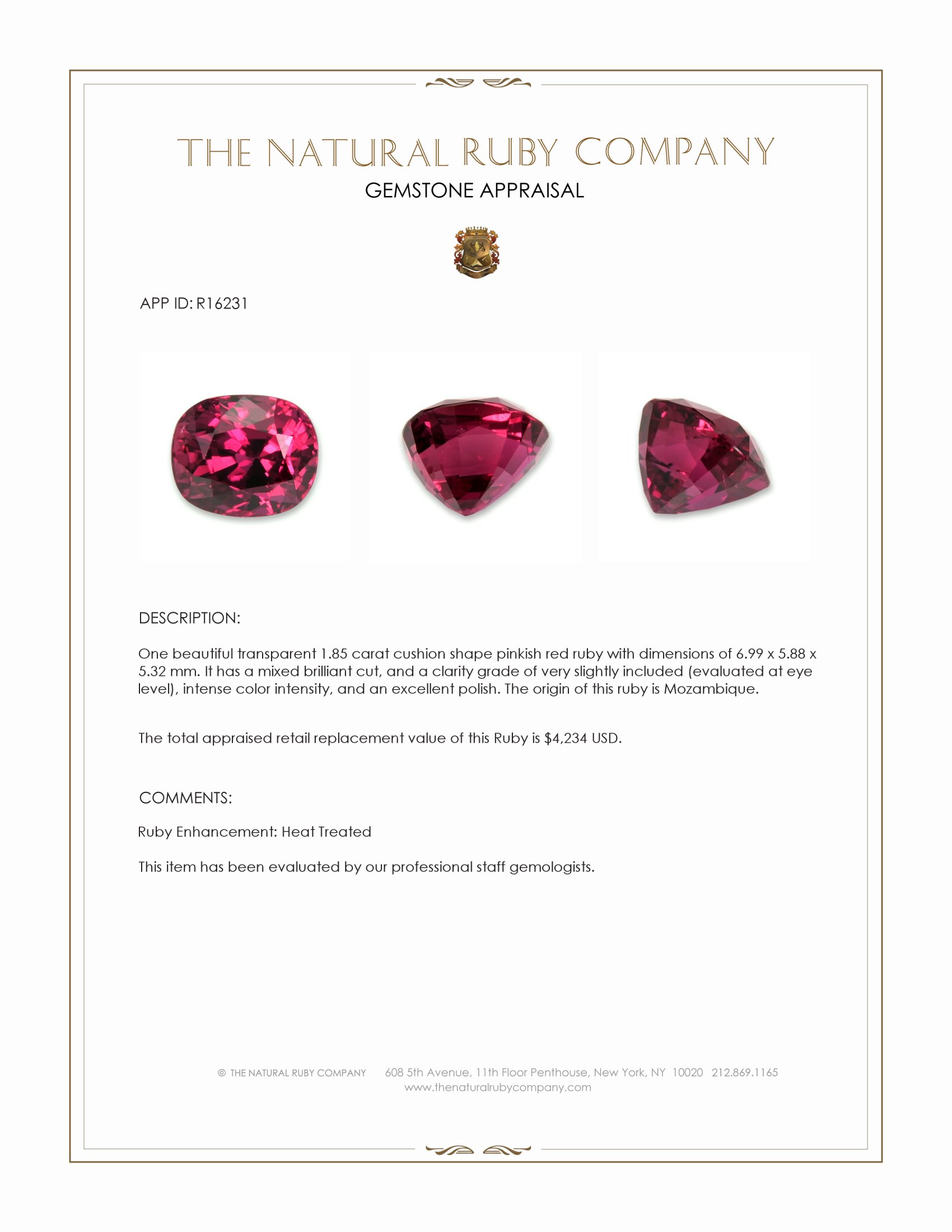 1.85 Ct. Pinkish Red Ruby from Mozambique