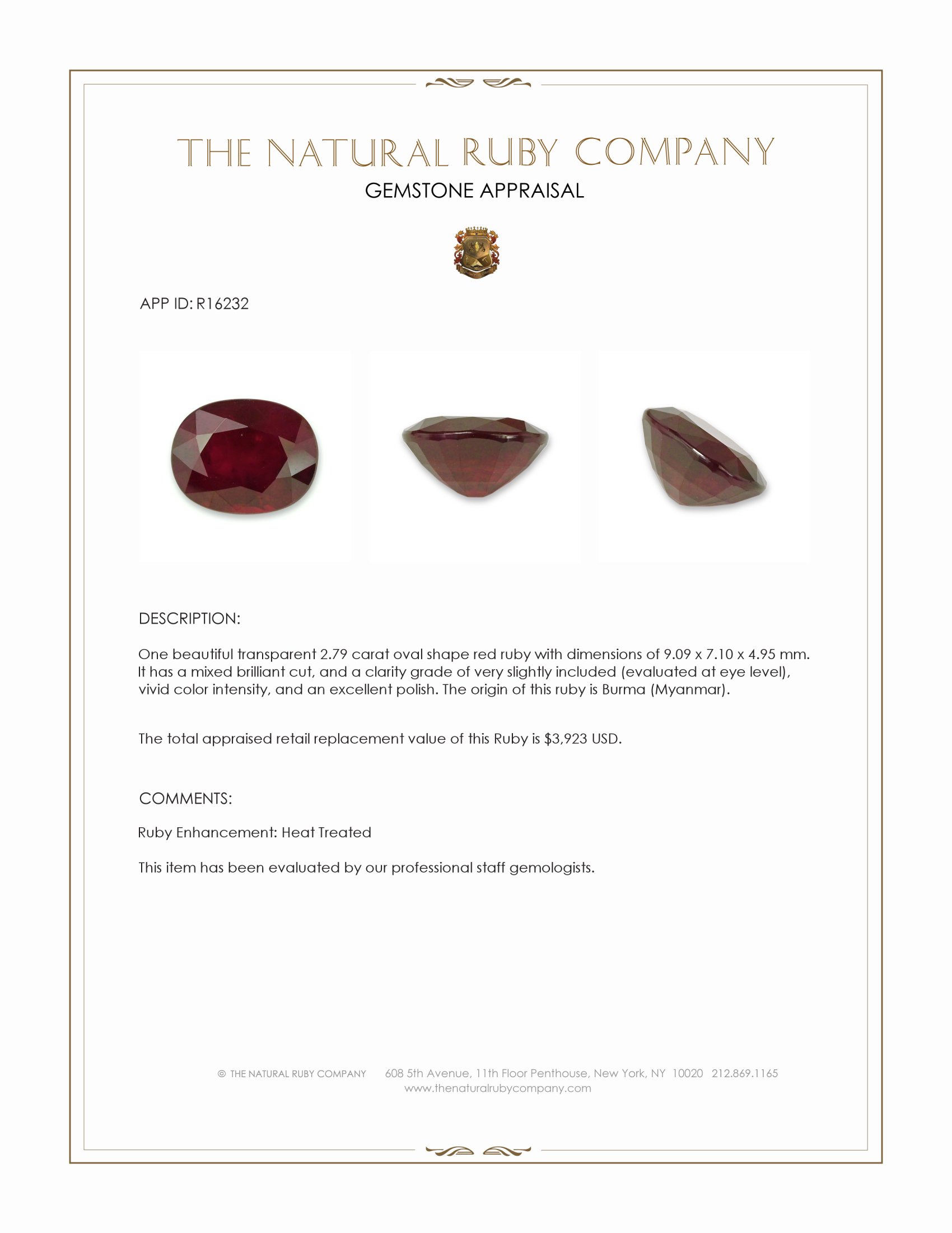 2.79 Ct. Ruby from Burma (Myanmar)