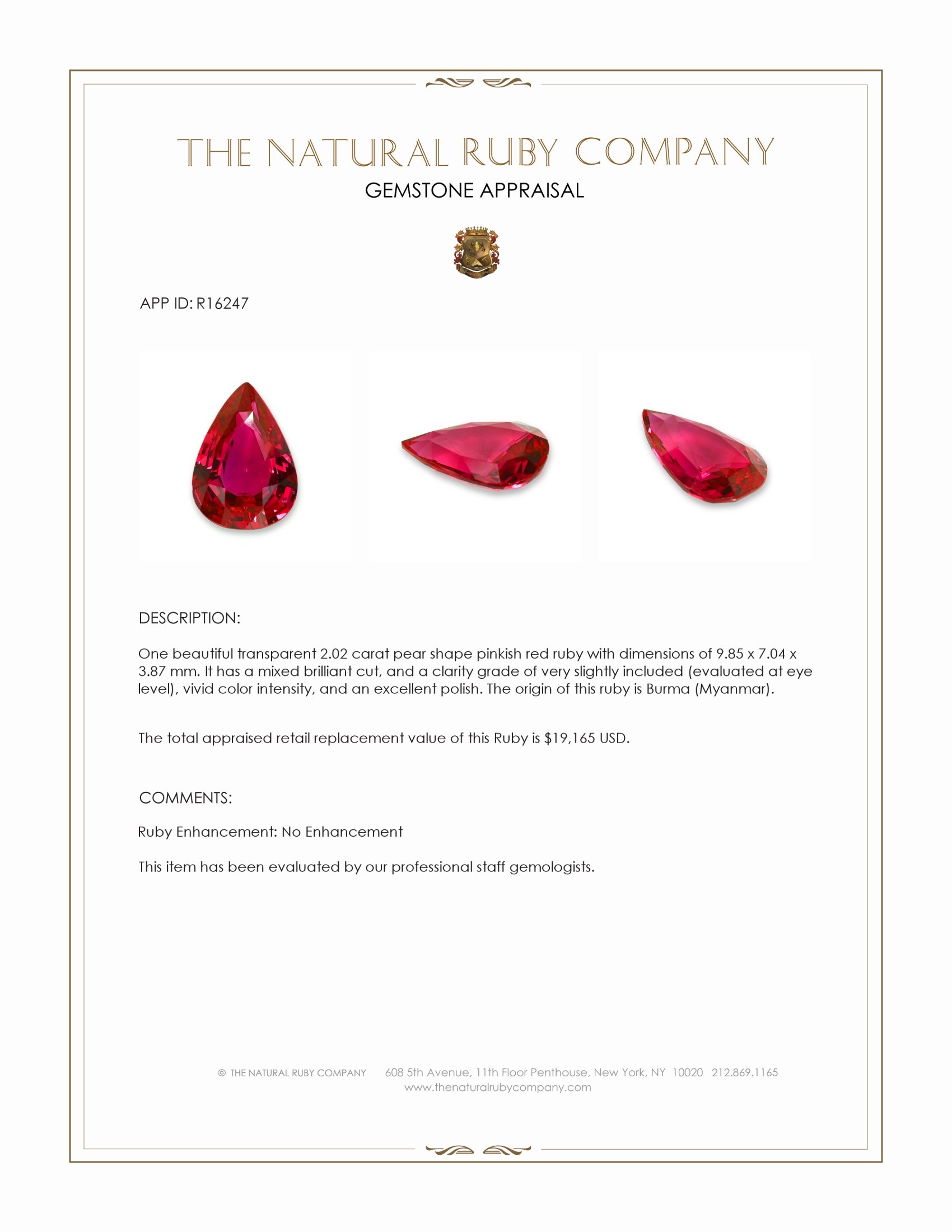 2.02 Ct. Pinkish Red Ruby from Burma (Myanmar)