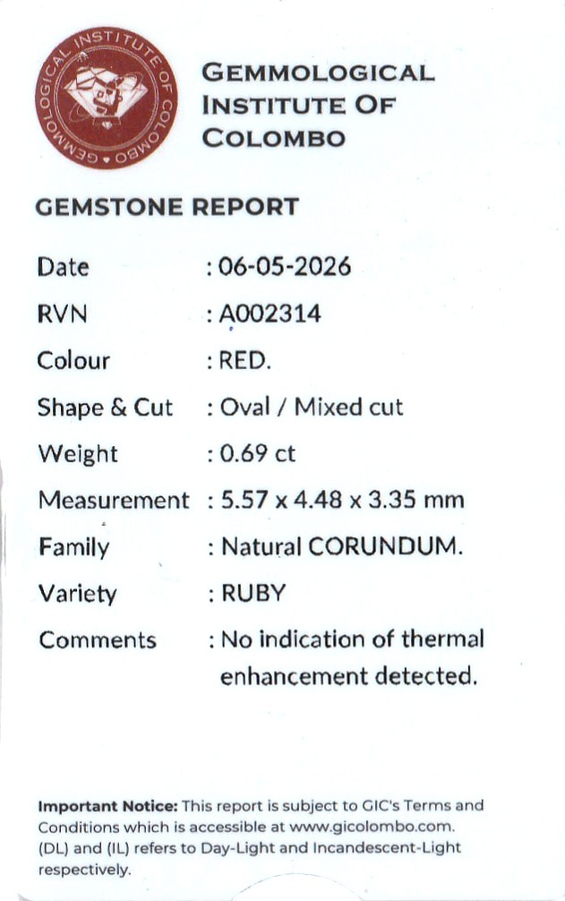 0.68 Ct. Ruby from Ceylon (Sri Lanka)