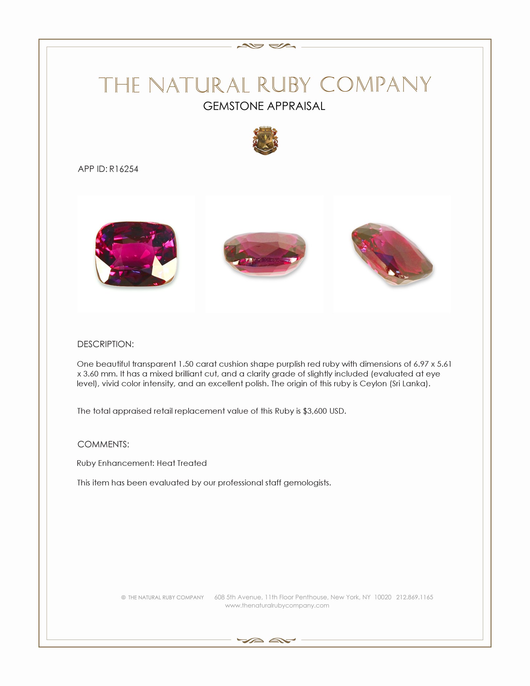 1.50 Ct. Purplish Red Ruby from Ceylon (Sri Lanka)