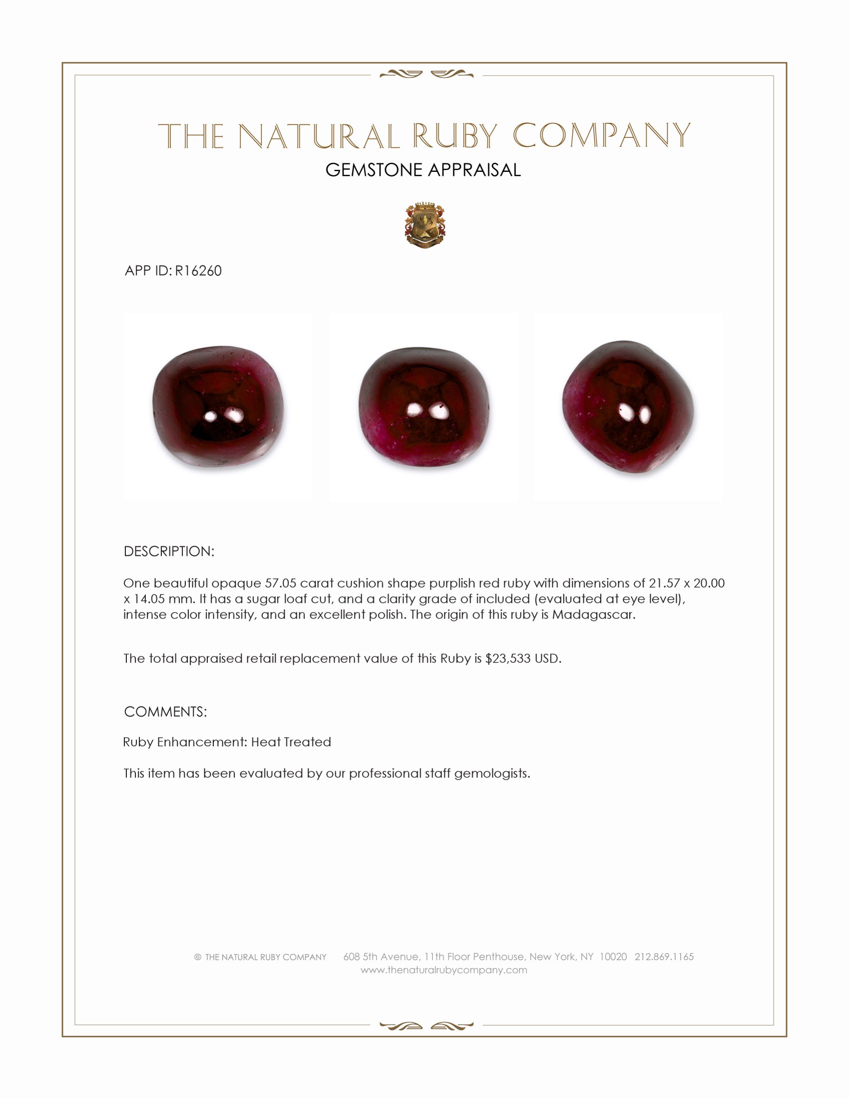 57.05 Ct. Purplish Red Cabochon Ruby from Madagascar