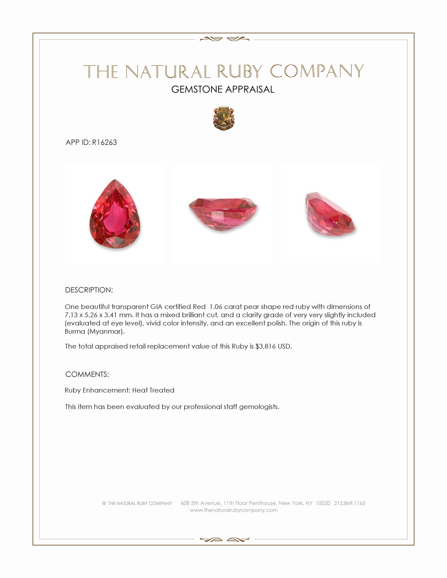 1.06 Ct. Ruby from Burma (Myanmar)
