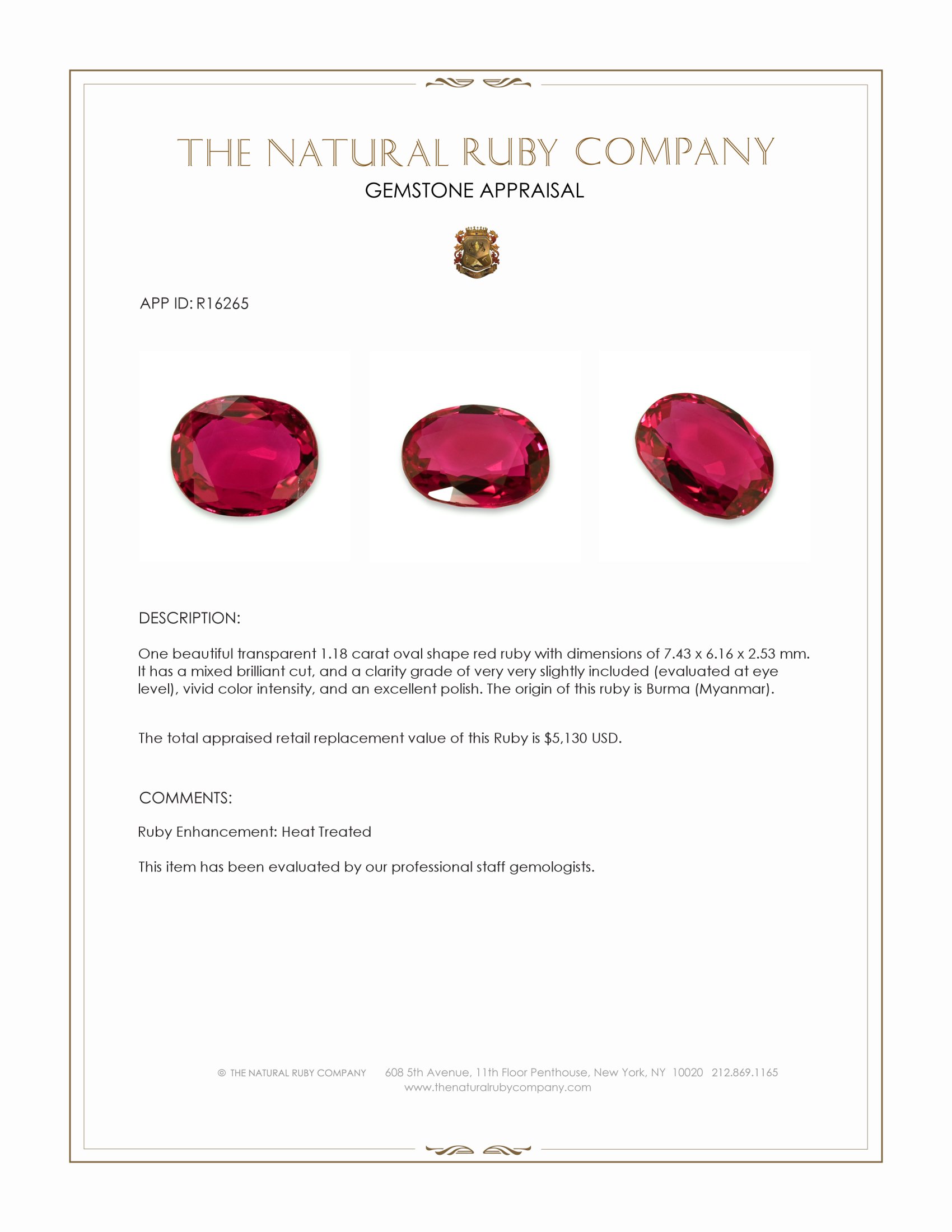 1.18 Ct. Ruby from Burma (Myanmar)