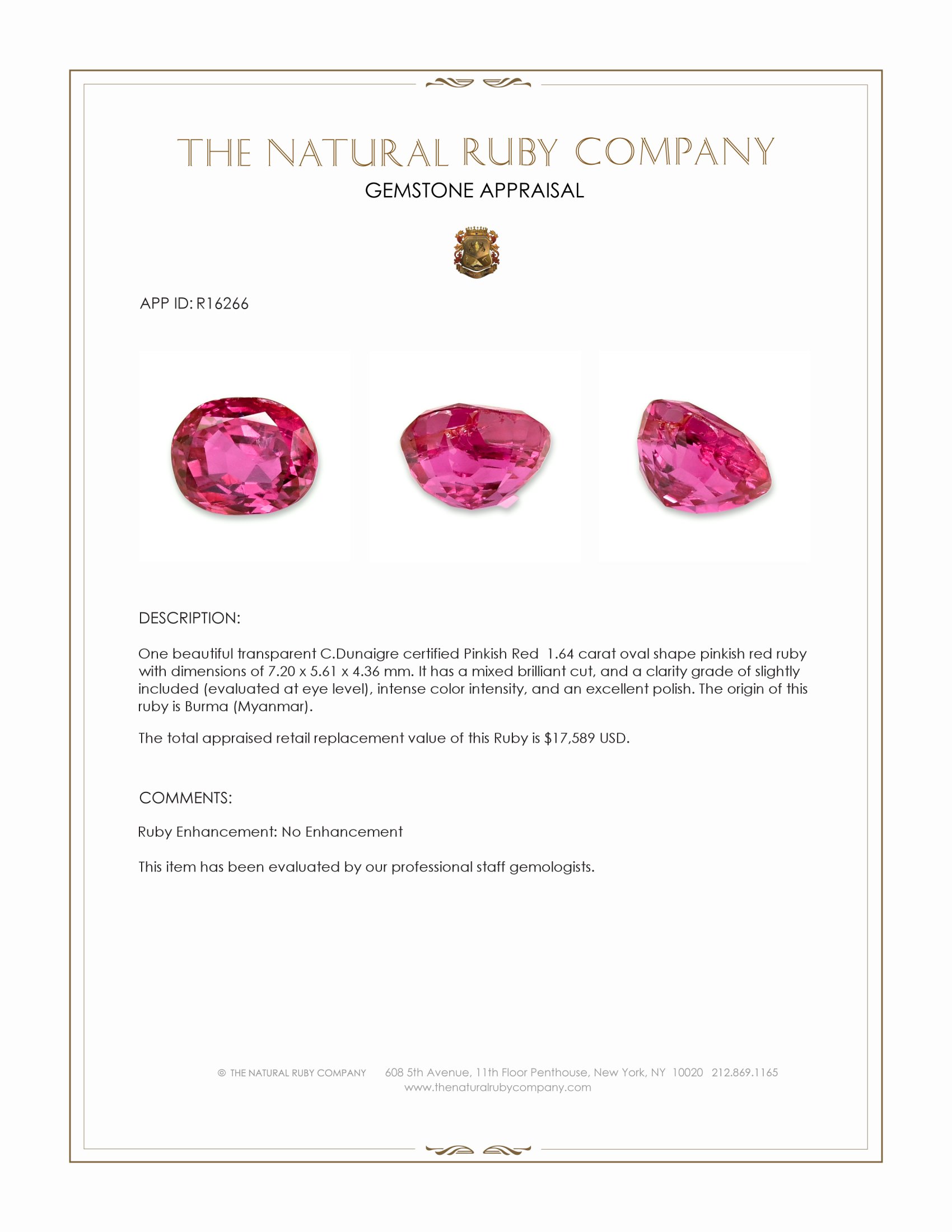 1.64 Ct. Pinkish Red Ruby from Burma (Myanmar)