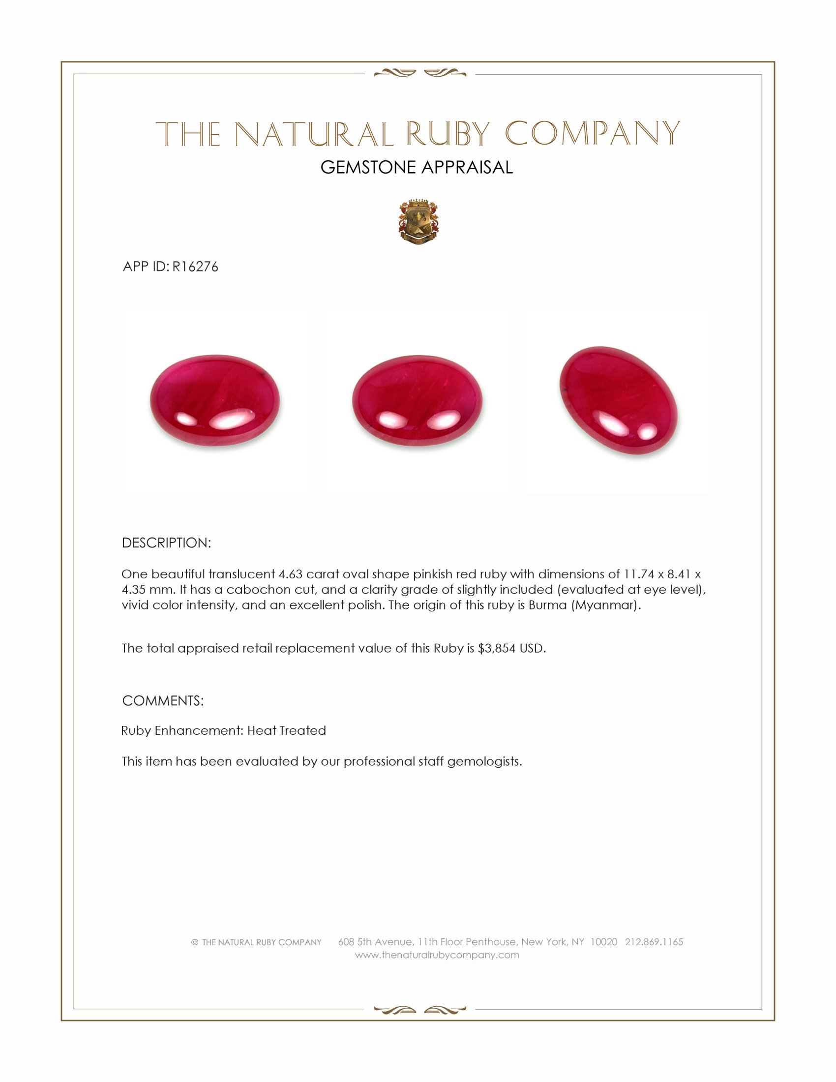 4.63 Ct. Pinkish Red Cabochon Ruby from Burma (Myanmar)