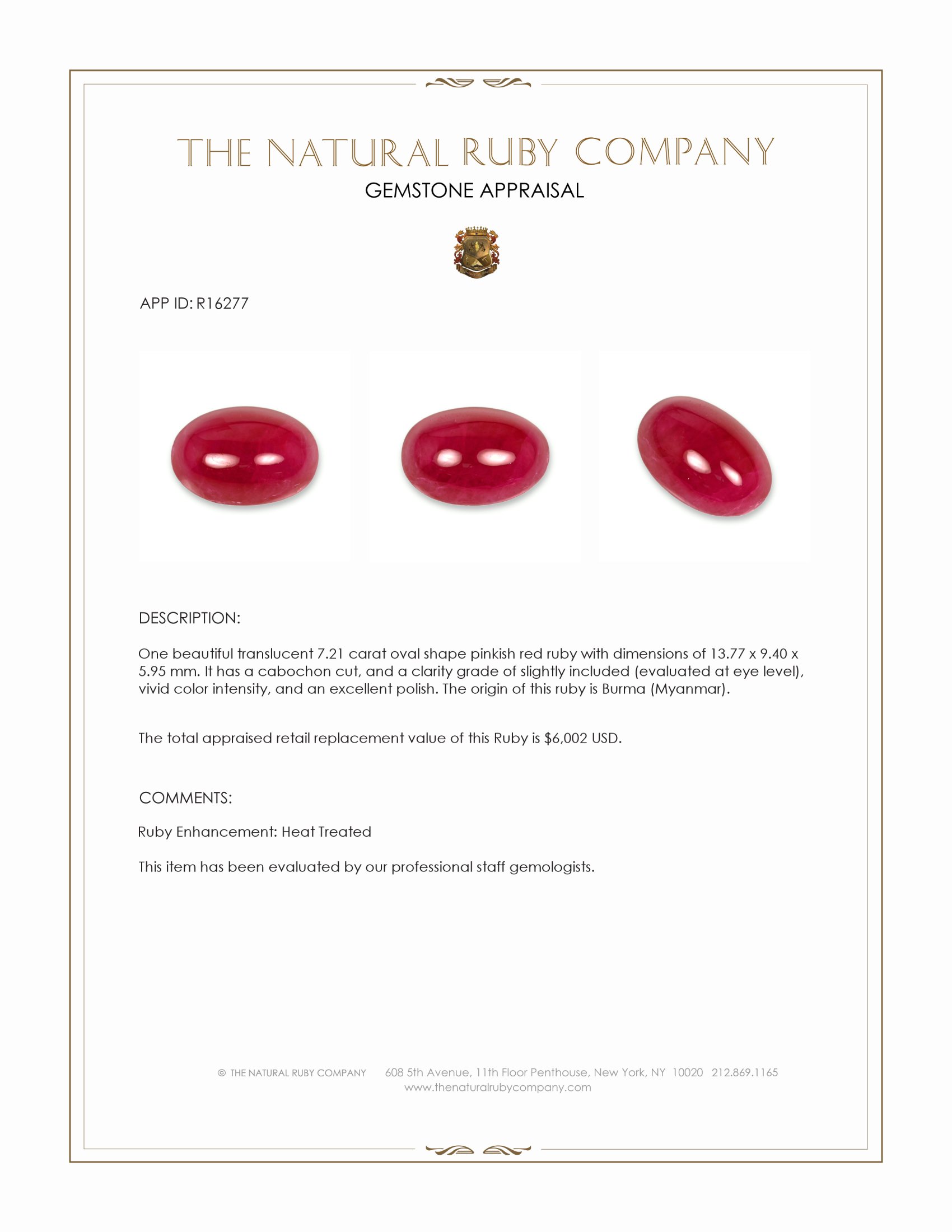 7.21 Ct. Pinkish Red Cabochon Ruby from Burma (Myanmar)