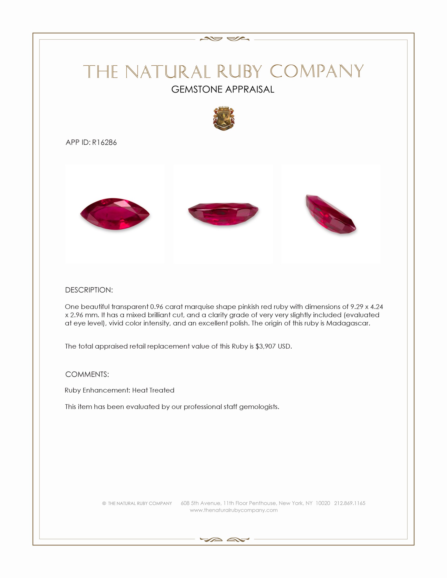 0.96 Ct. Pinkish Red Ruby from Madagascar