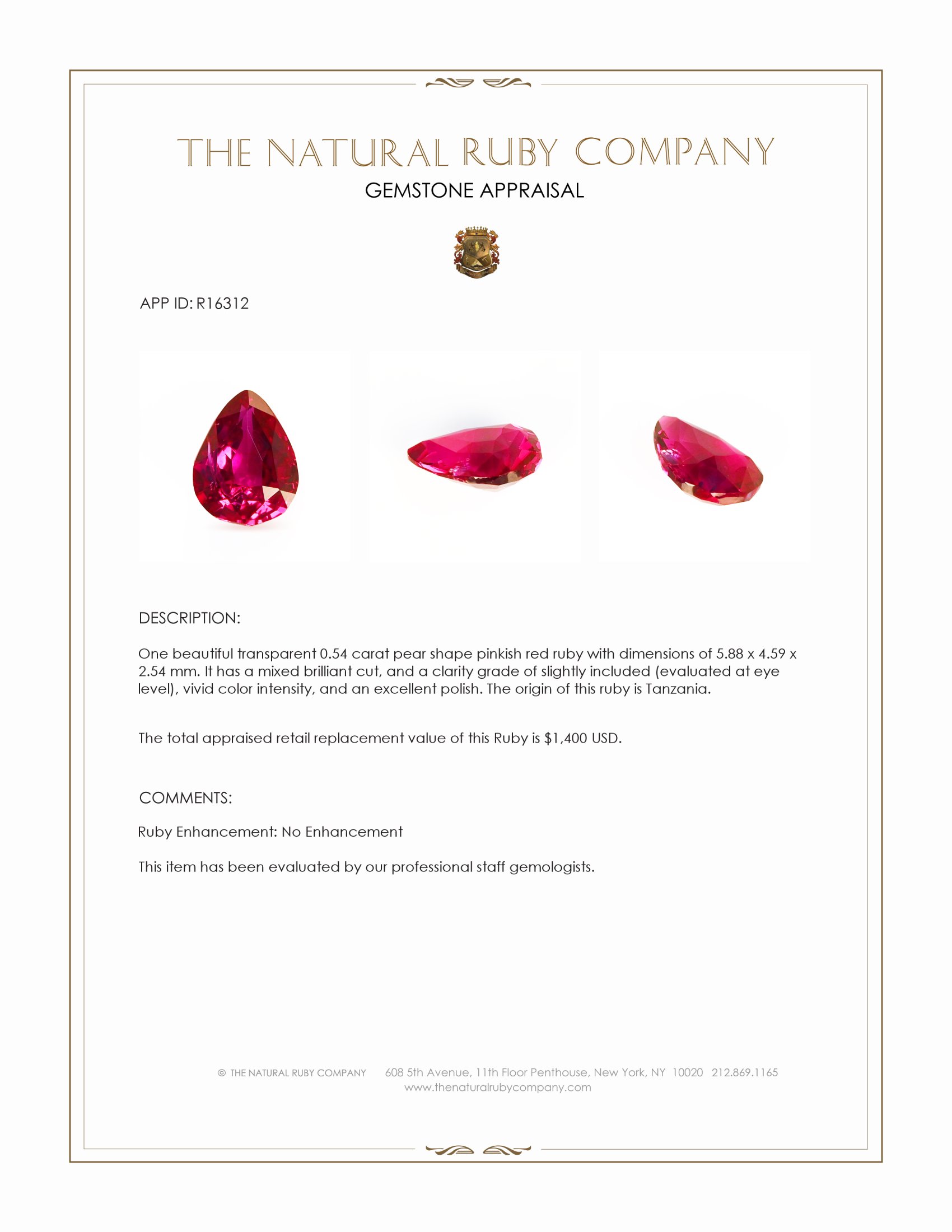 0.54 Ct. Pinkish Red Ruby from Tanzania
