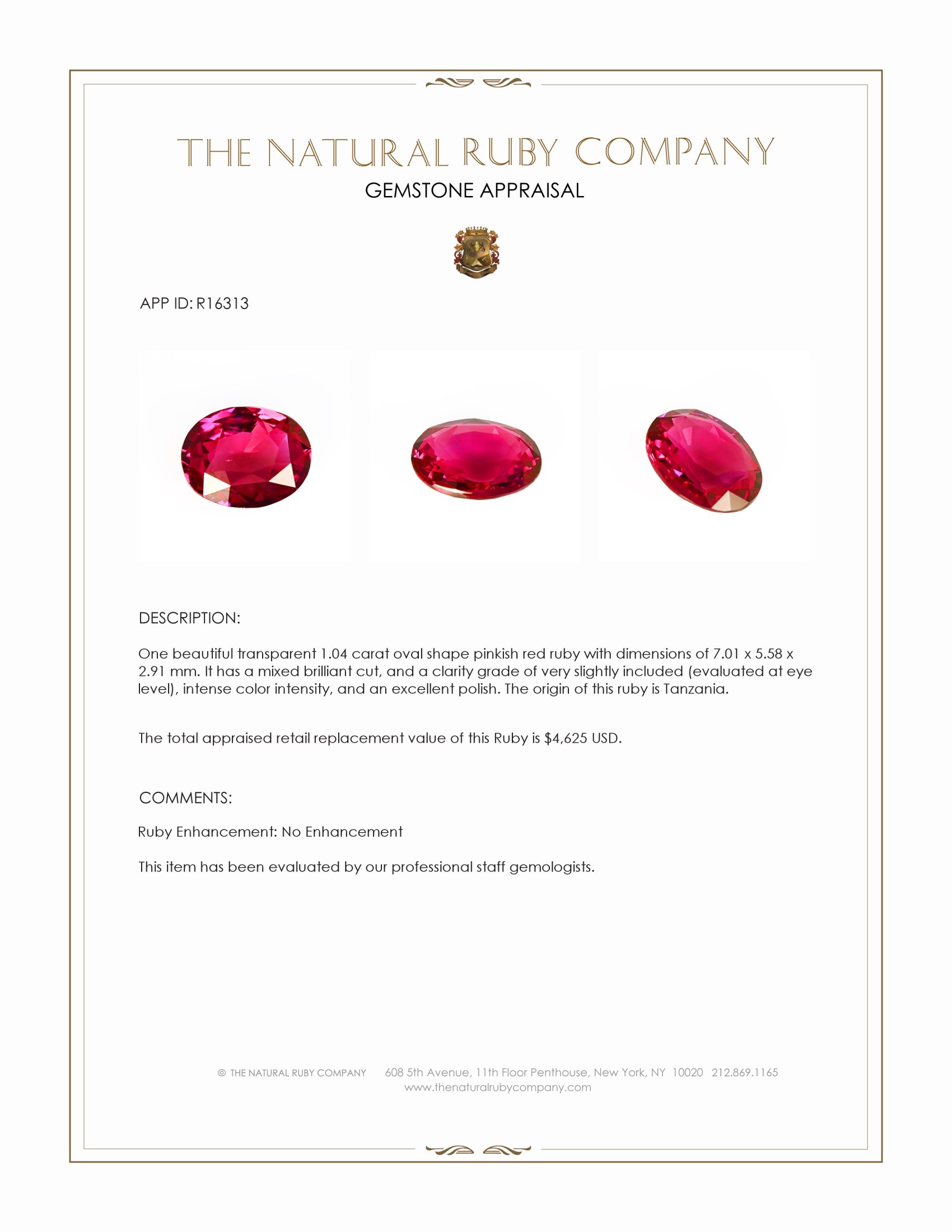 1.04 Ct. Pinkish Red Ruby from Tanzania