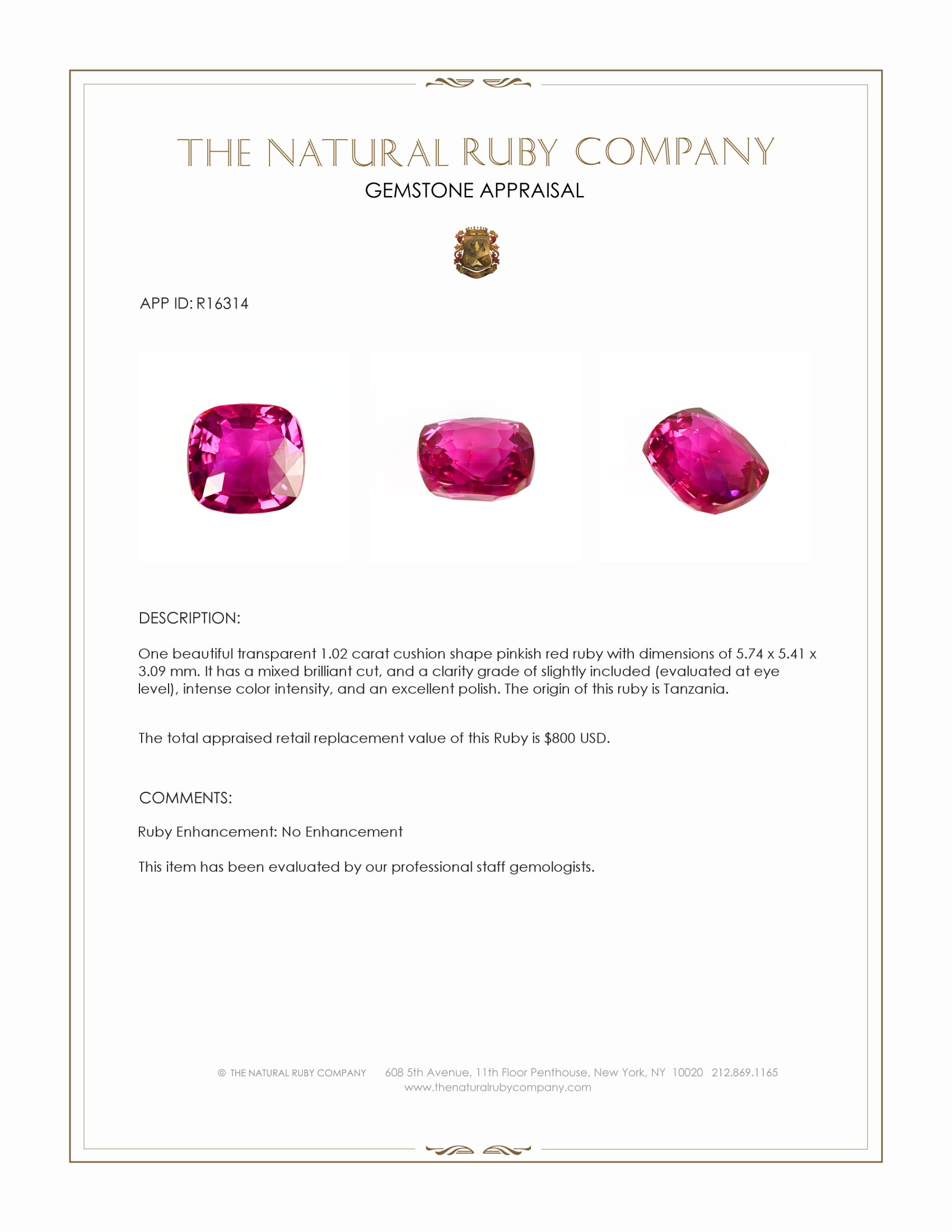 1.02 Ct. Pinkish Red Ruby from Tanzania